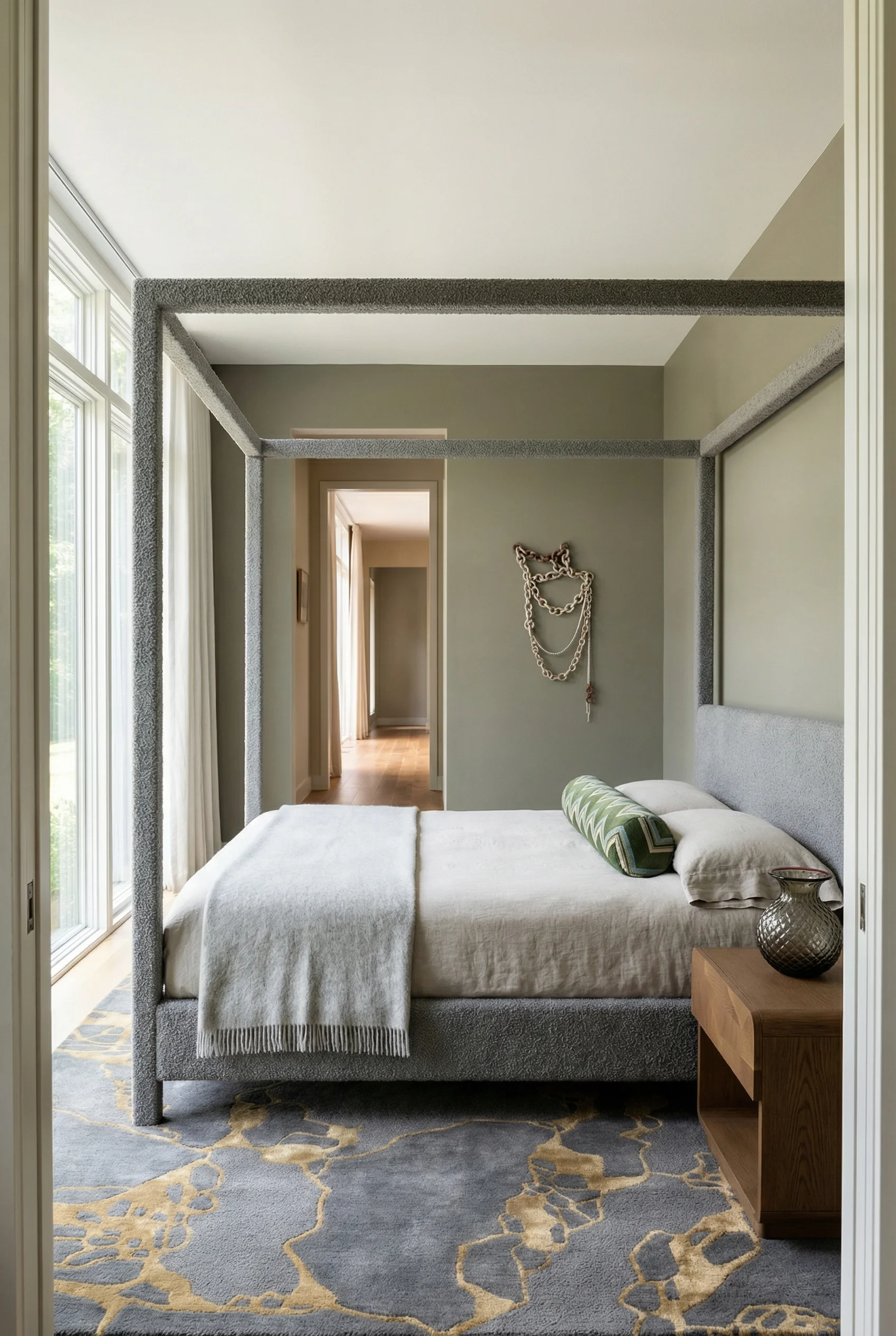Neutral modern bedroom featuring grey boucle canopy bed with tan wool rug and textural accents