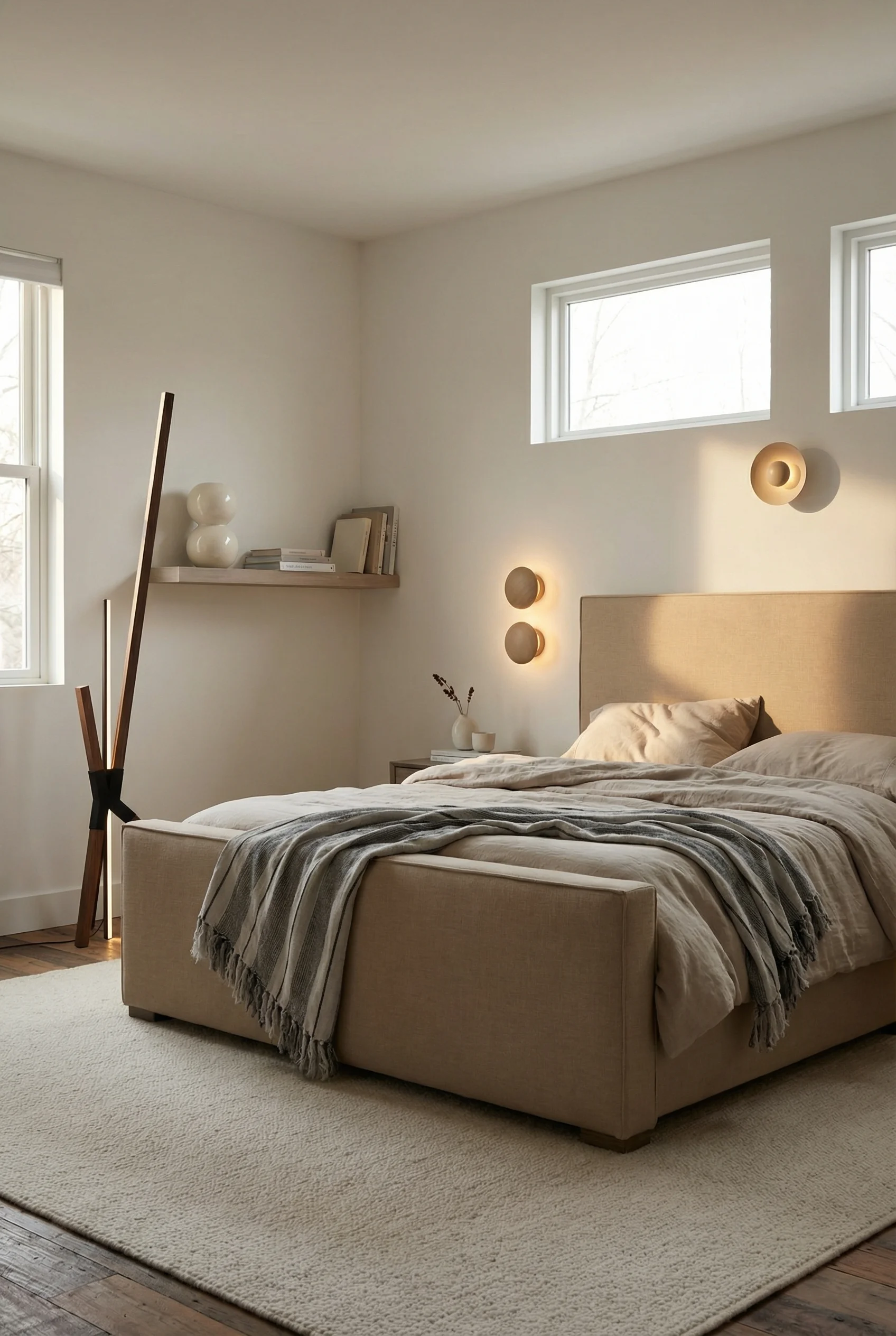 Neutral modern bedroom featuring tan linen bed with warm 2700K layered sculptural lamps