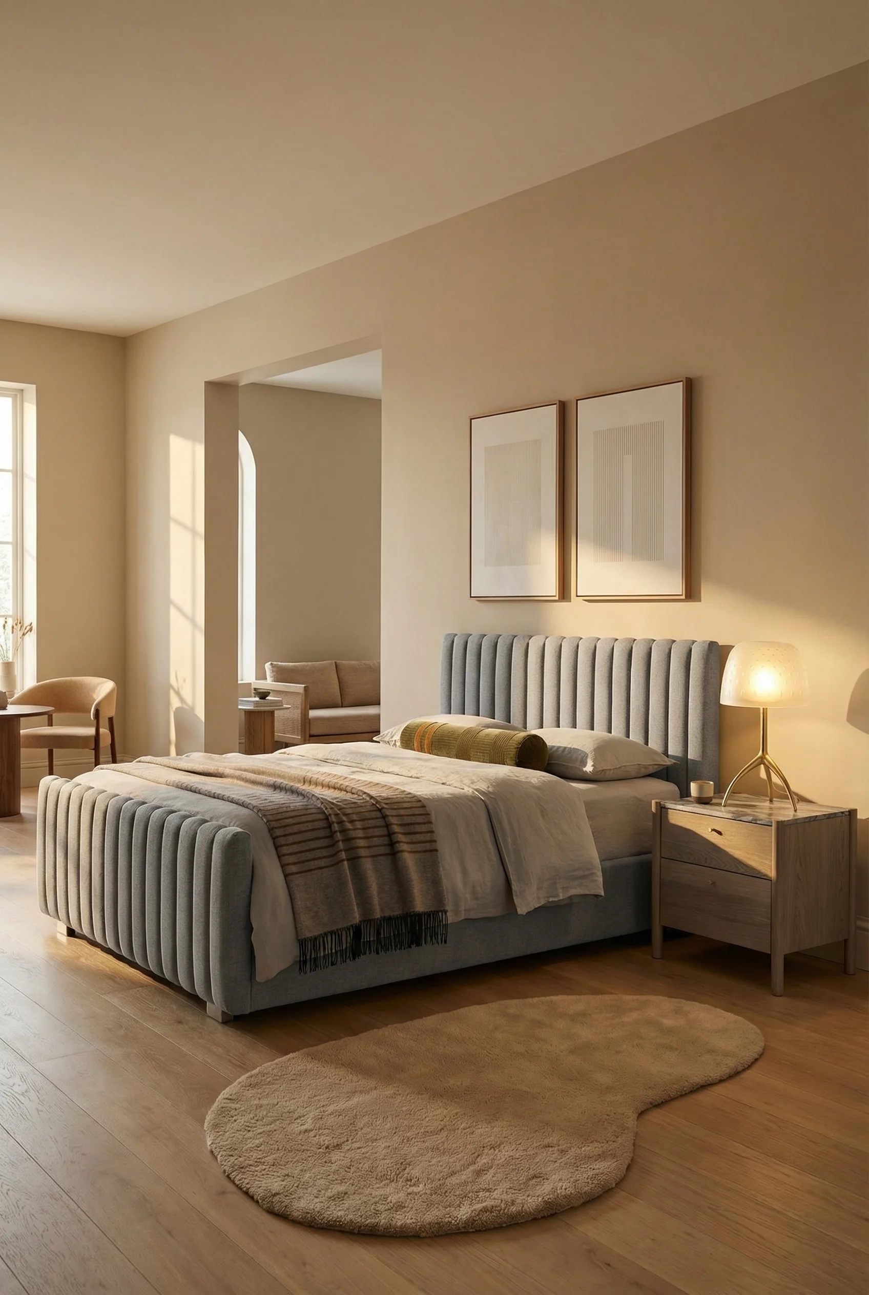 Neutral modern bedroom featuring grey wood panel bed with tan wool geometric area rug