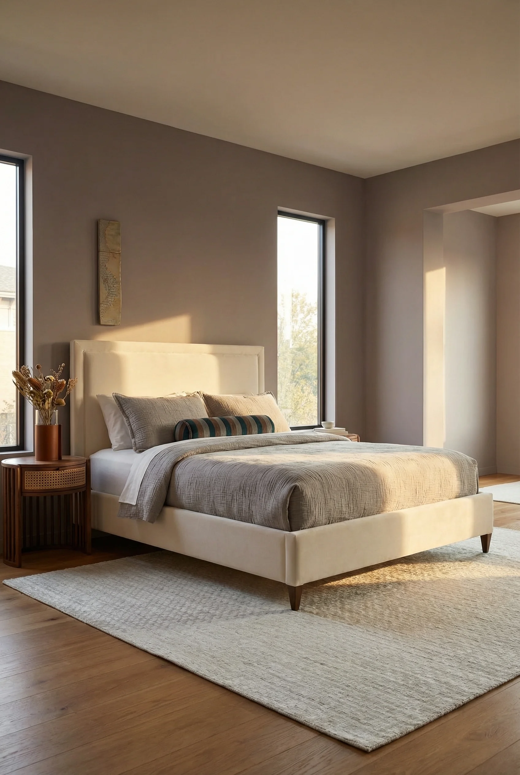 Neutral modern bedroom featuring ivory upholstered bed with layered textiles and warm lighting