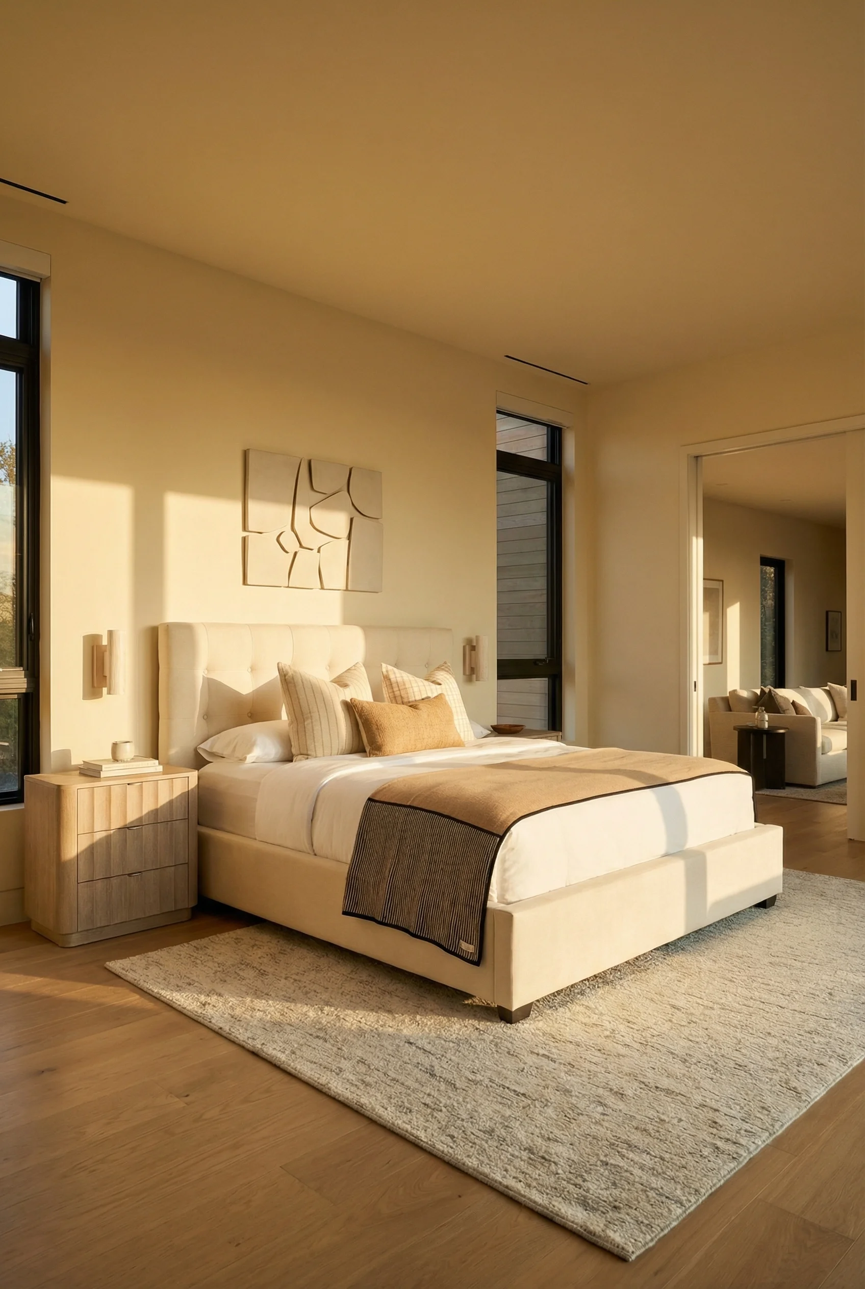 Neutral modern bedroom featuring ivory button-tufted bed with warm oak nightstand and golden hour light