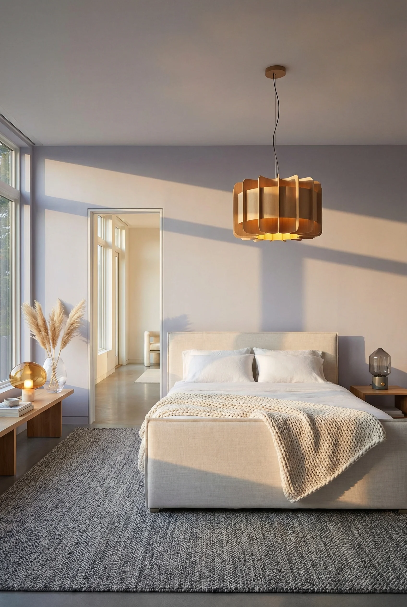 Neutral modern bedroom featuring layered warm lighting with ivory linen bed and amber glass table lamp