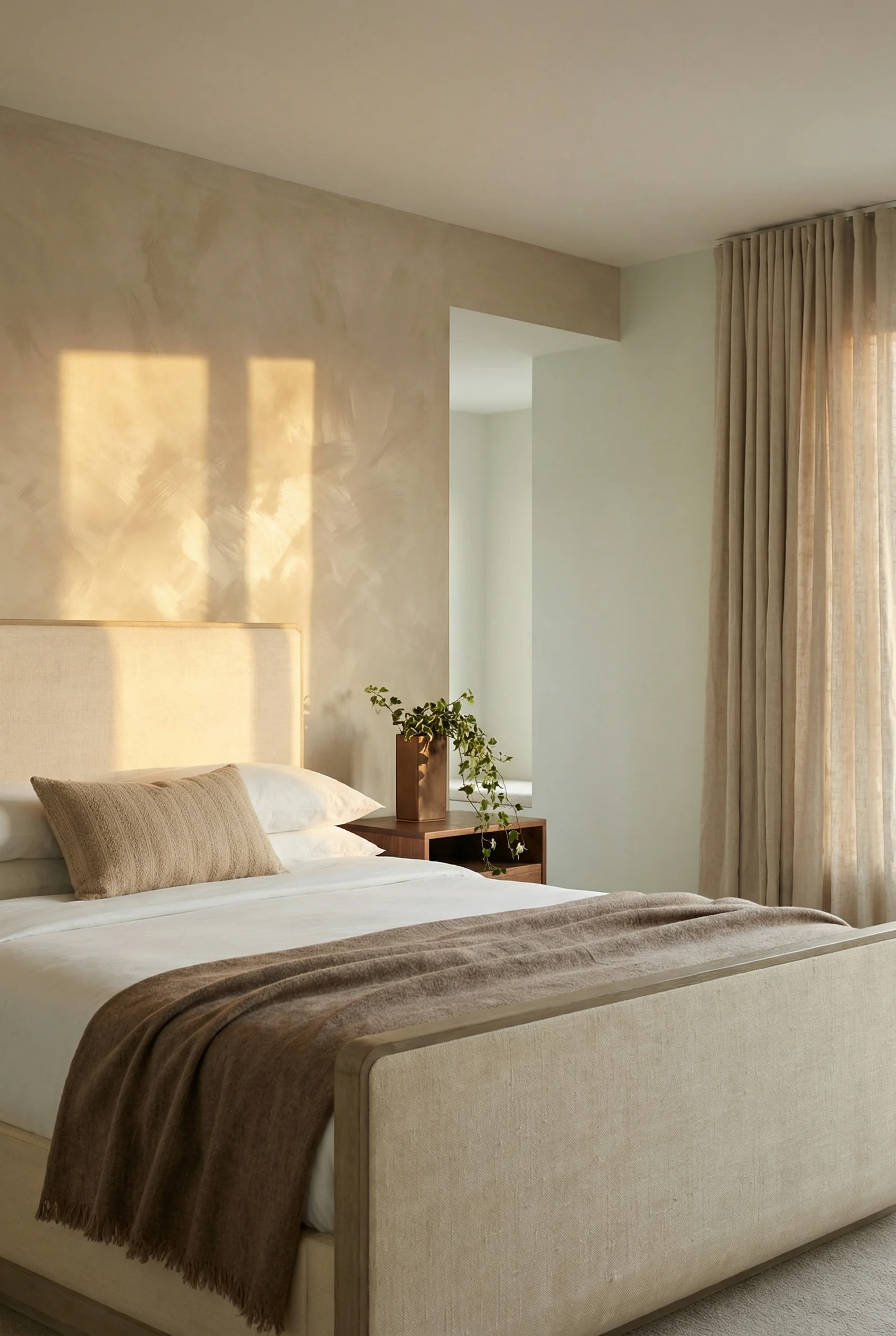 Neutral modern bedroom featuring ivory sleigh bed with limewash textured walls and natural linen curtains