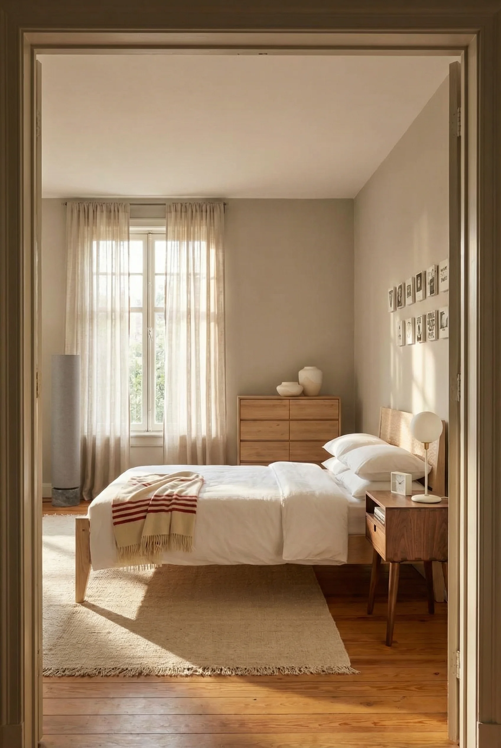 Neutral modern bedroom featuring white oak bed frame with mixed walnut and oak furniture tones