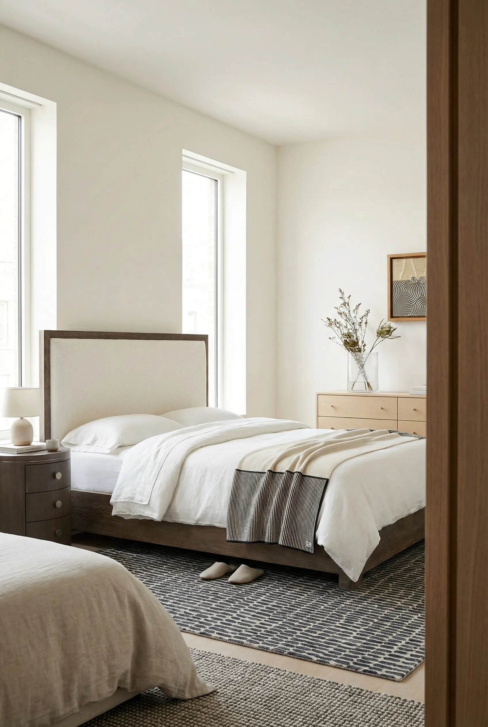 Neutral modern bedroom featuring ivory oak panel bed with statement headboard