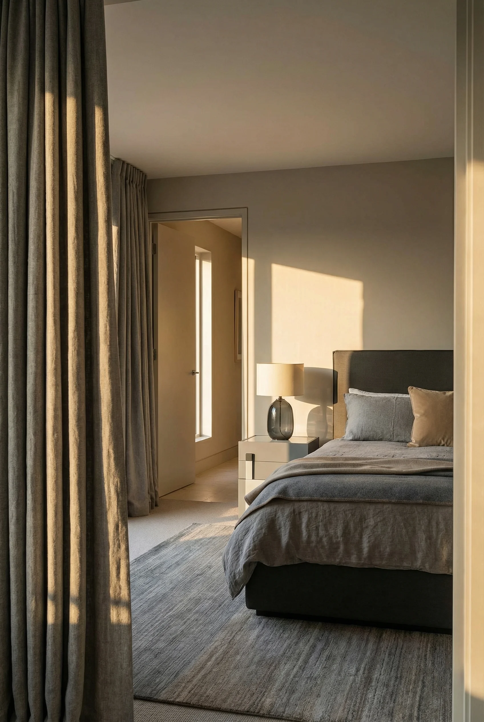 Neutral modern bedroom featuring grey linen upholstered bed with sound-absorbing textiles and layered soft materials