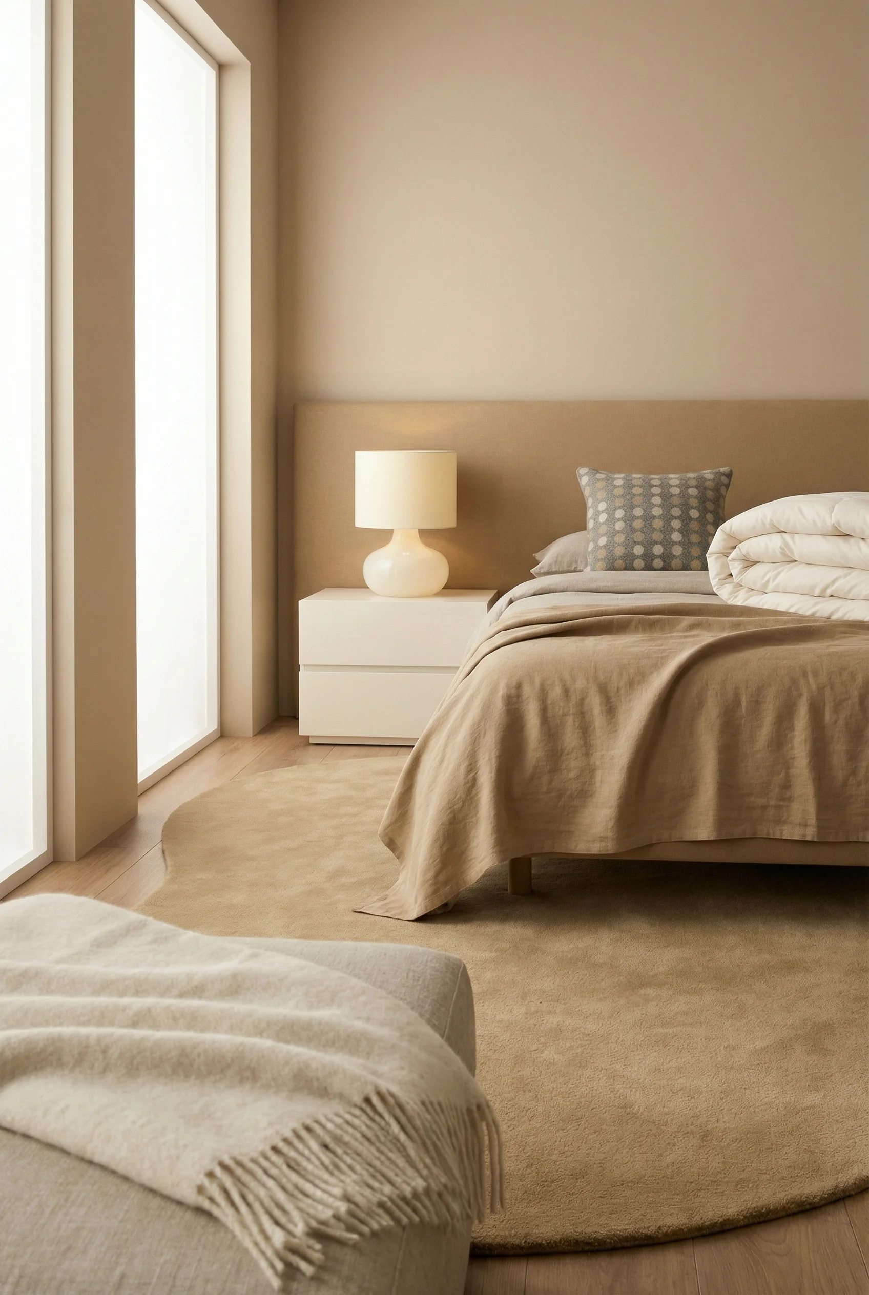 Neutral modern bedroom featuring tan upholstered bed with cozy textured layers for sound absorption