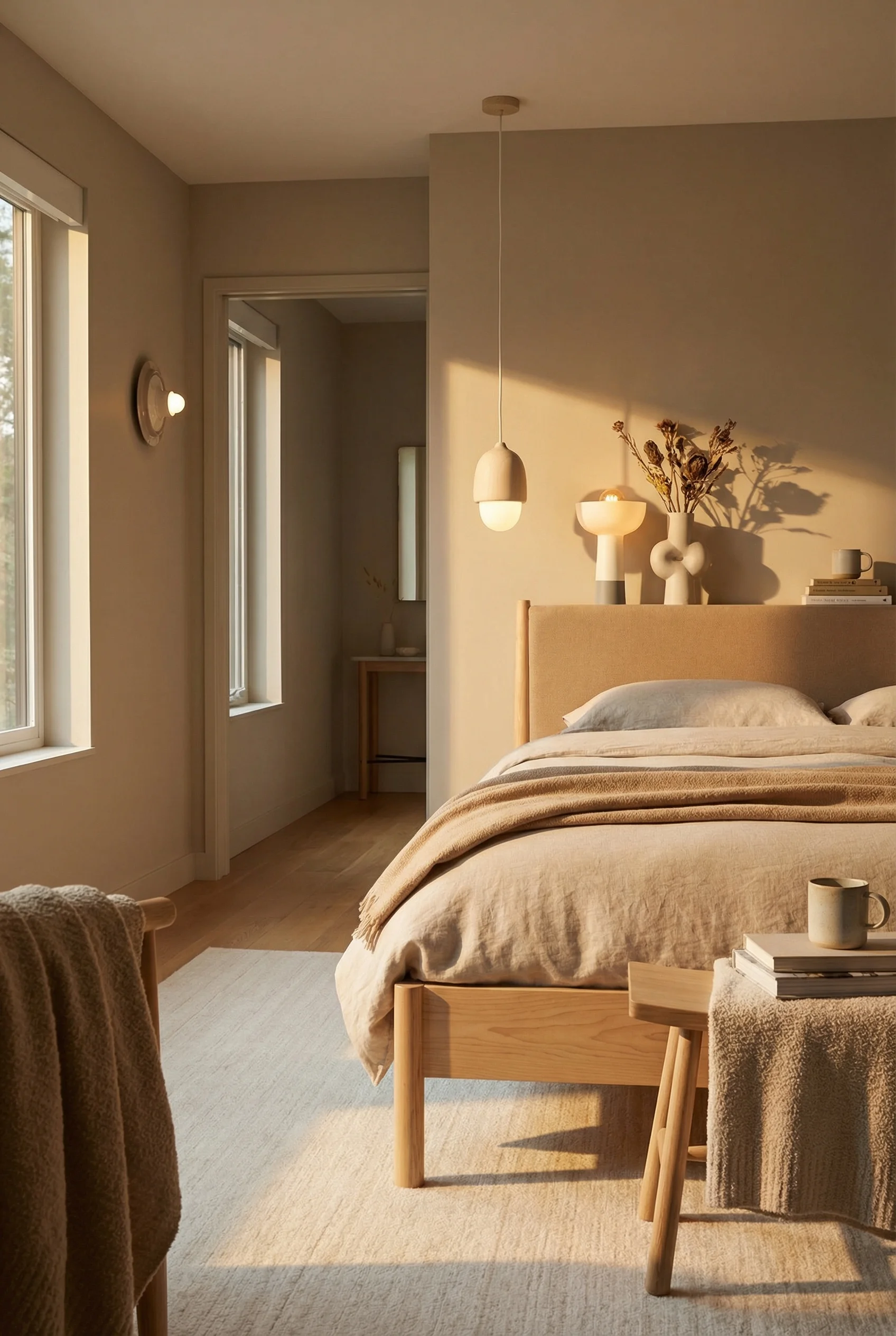 Neutral modern bedroom featuring tan upholstered bed with warm golden hour lighting