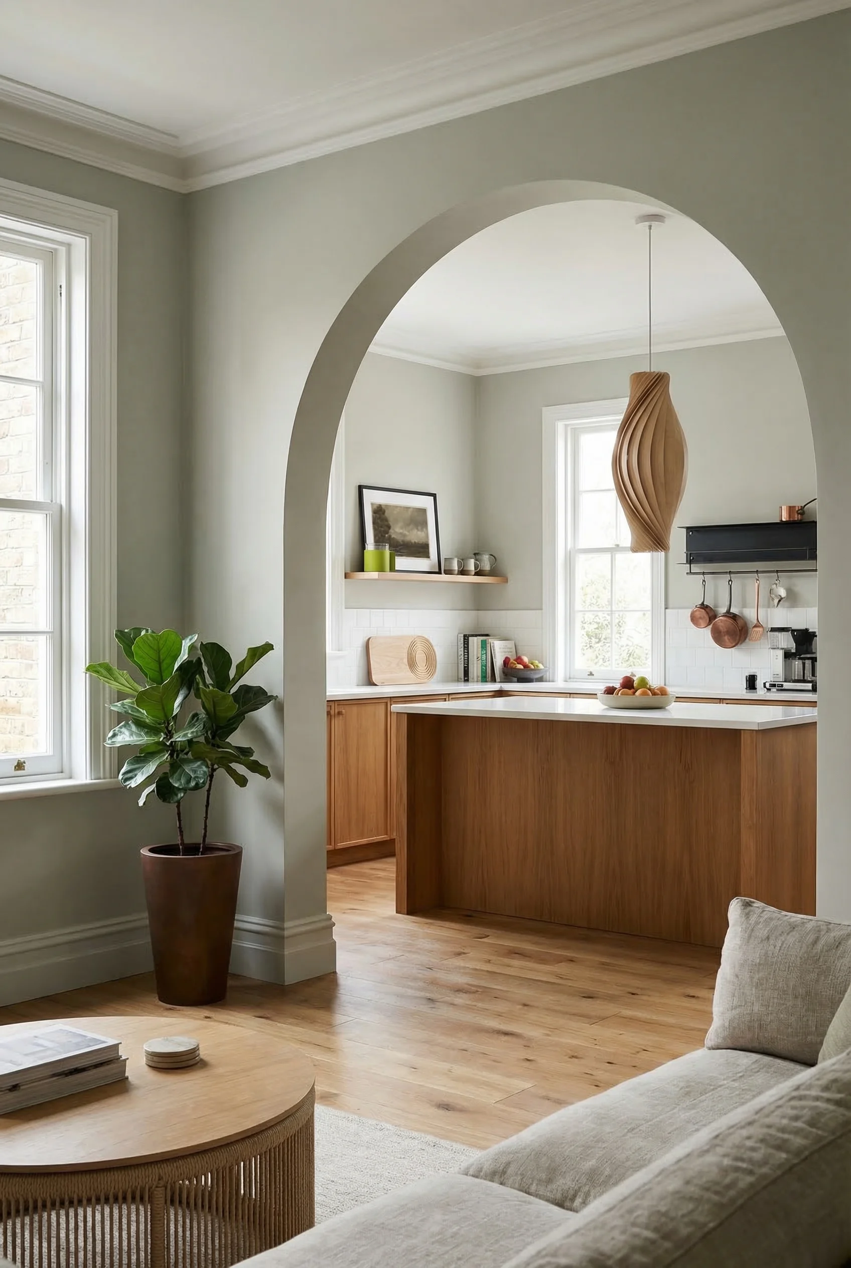 Modern kitchen arch open layout featuring birch pendant light through plastered arch with oak coffee table