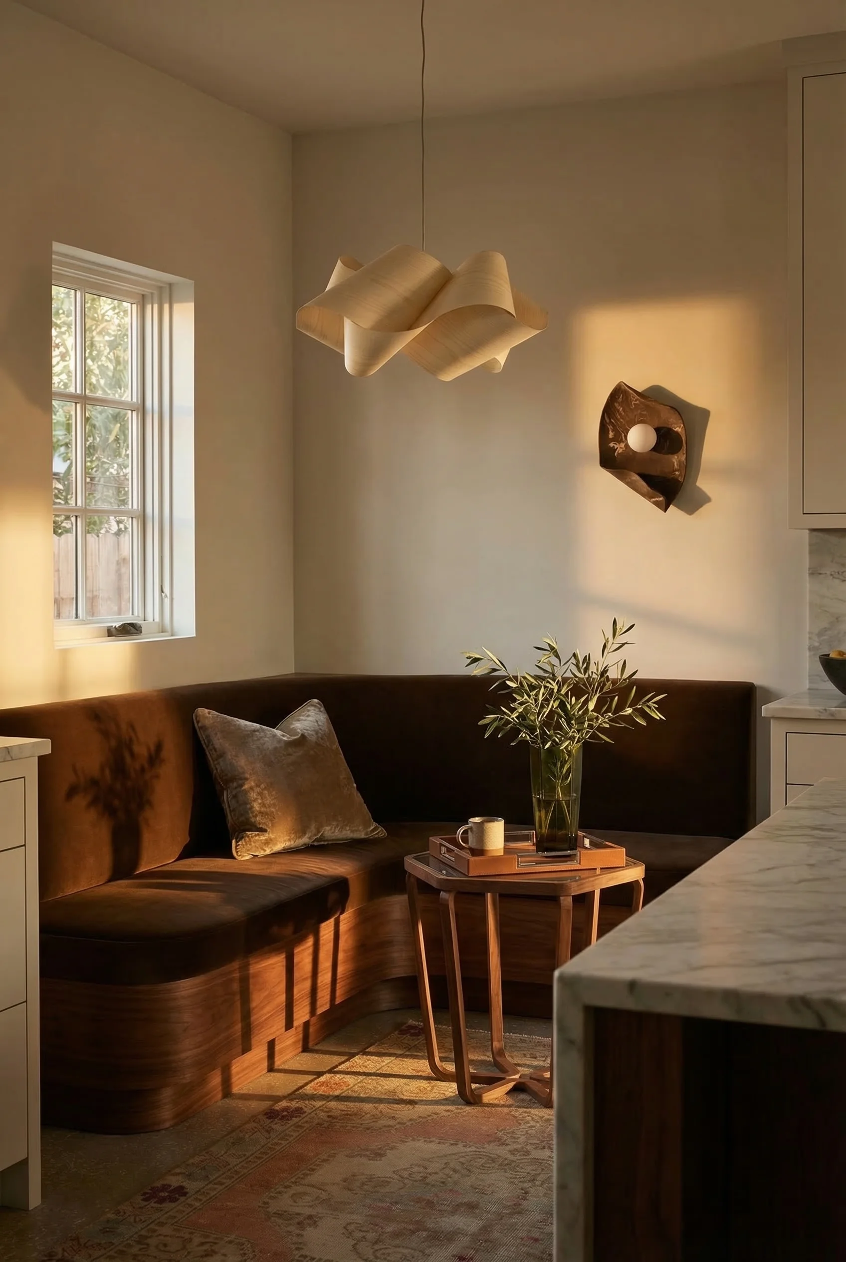 Modern kitchen banquette nook featuring walnut side table with sculptural swirl pendant