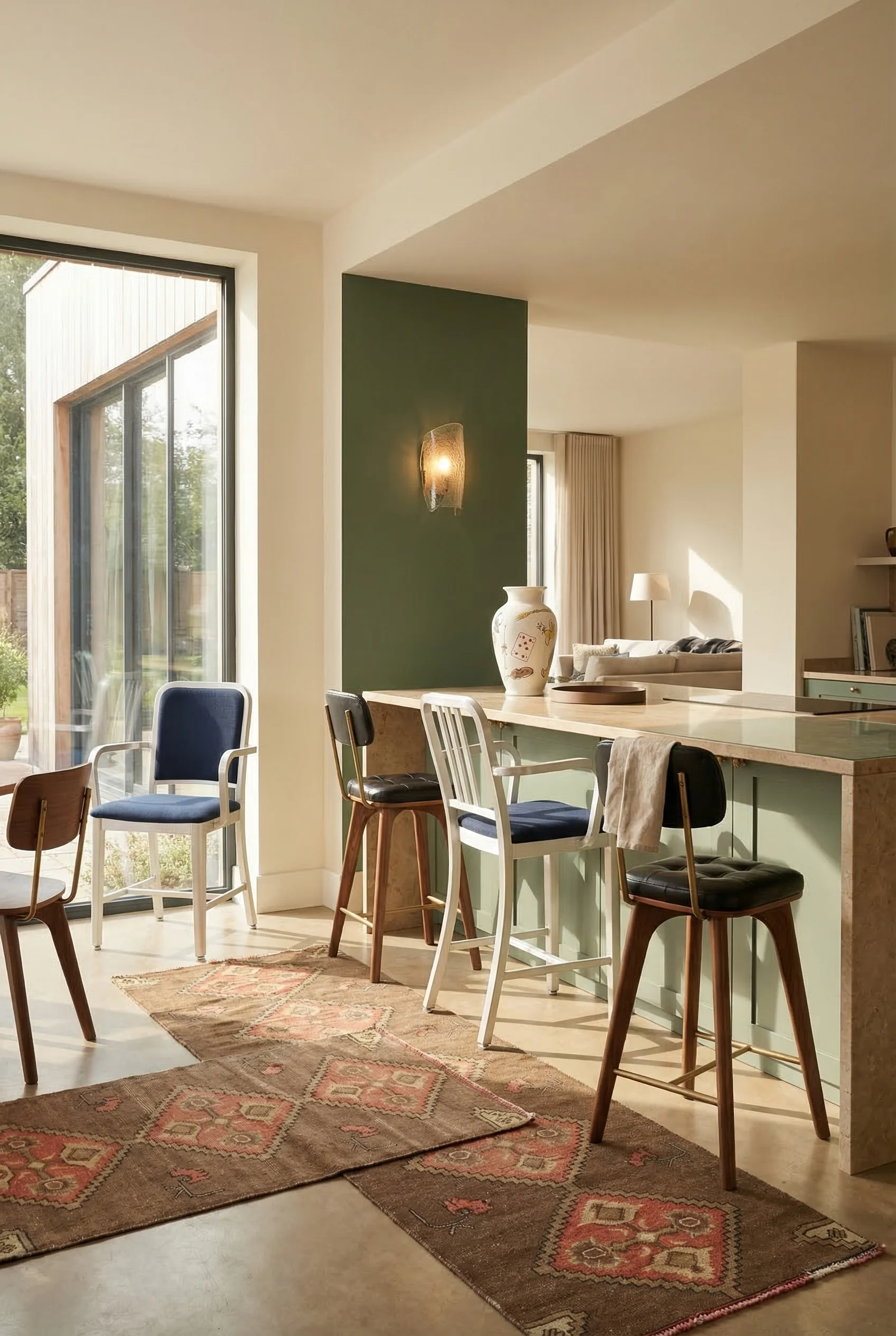 Modern kitchen featuring walnut utility dining chair with sage green feature wall and vintage Oushak runners