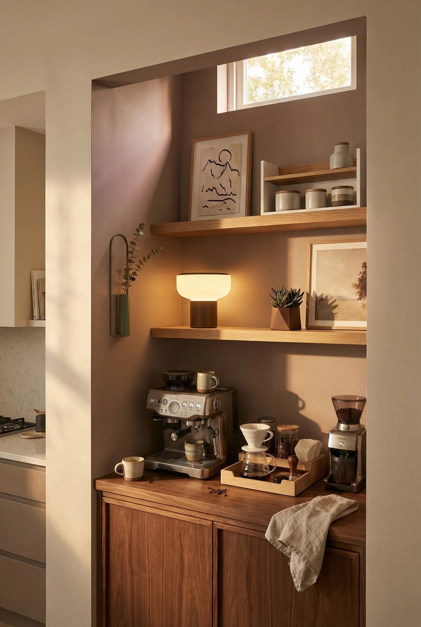 Modern kitchen coffee nook featuring walnut LED table lamp with oak shelving and mountain landscape art
