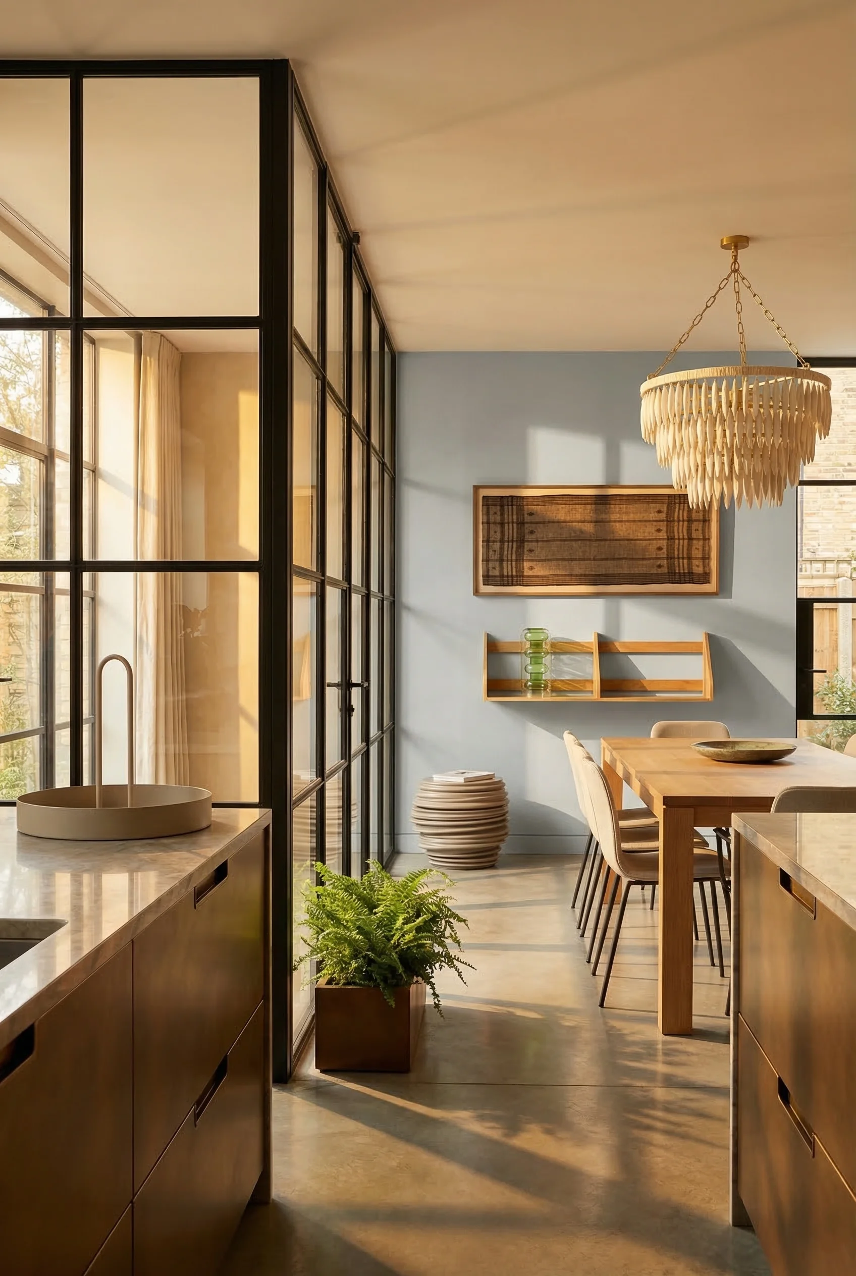 Modern kitchen featuring Crittall glass panel wall with gold cream chandelier and oak shelf