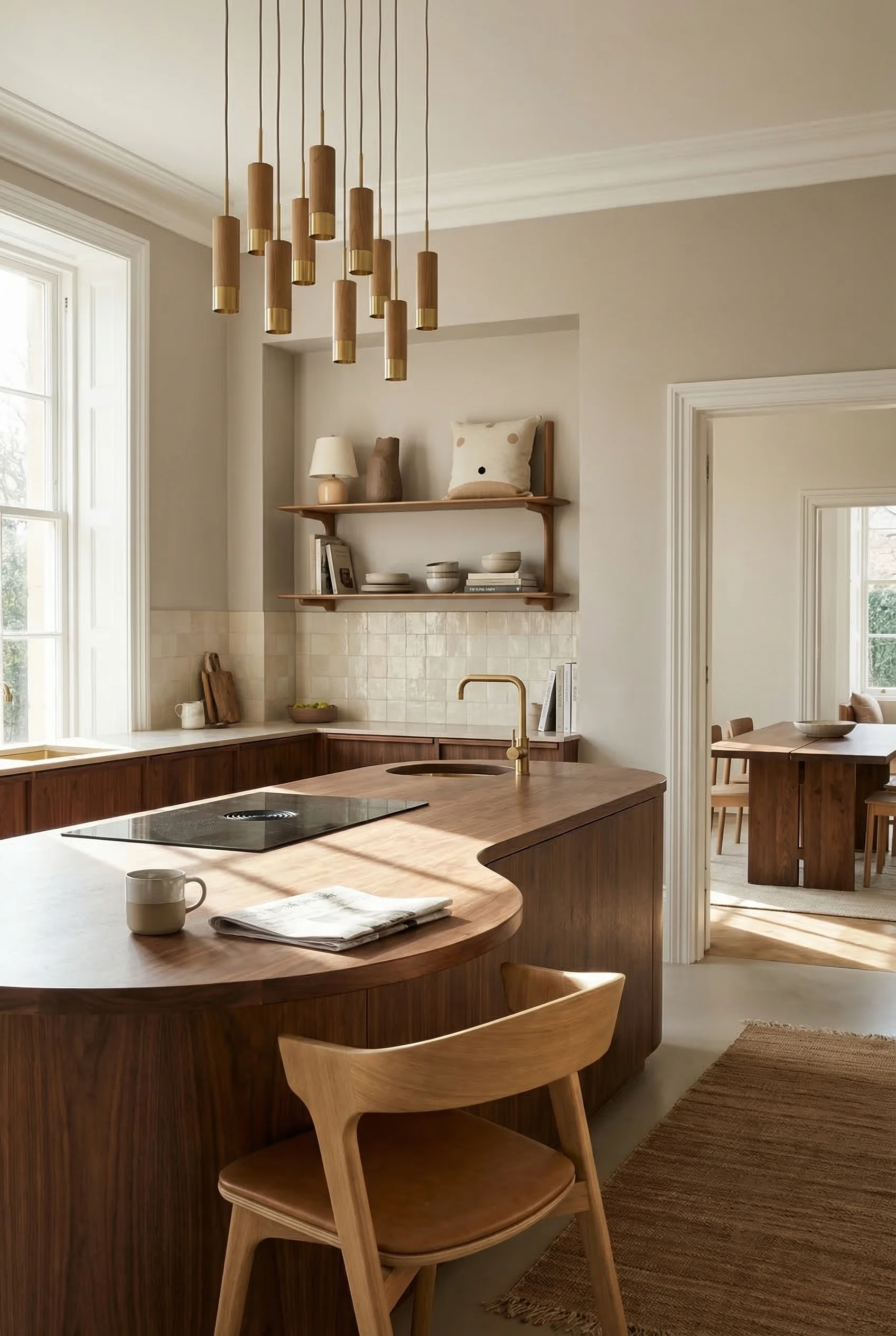 Modern kitchen featuring curved walnut island with oak and brass pendant cluster