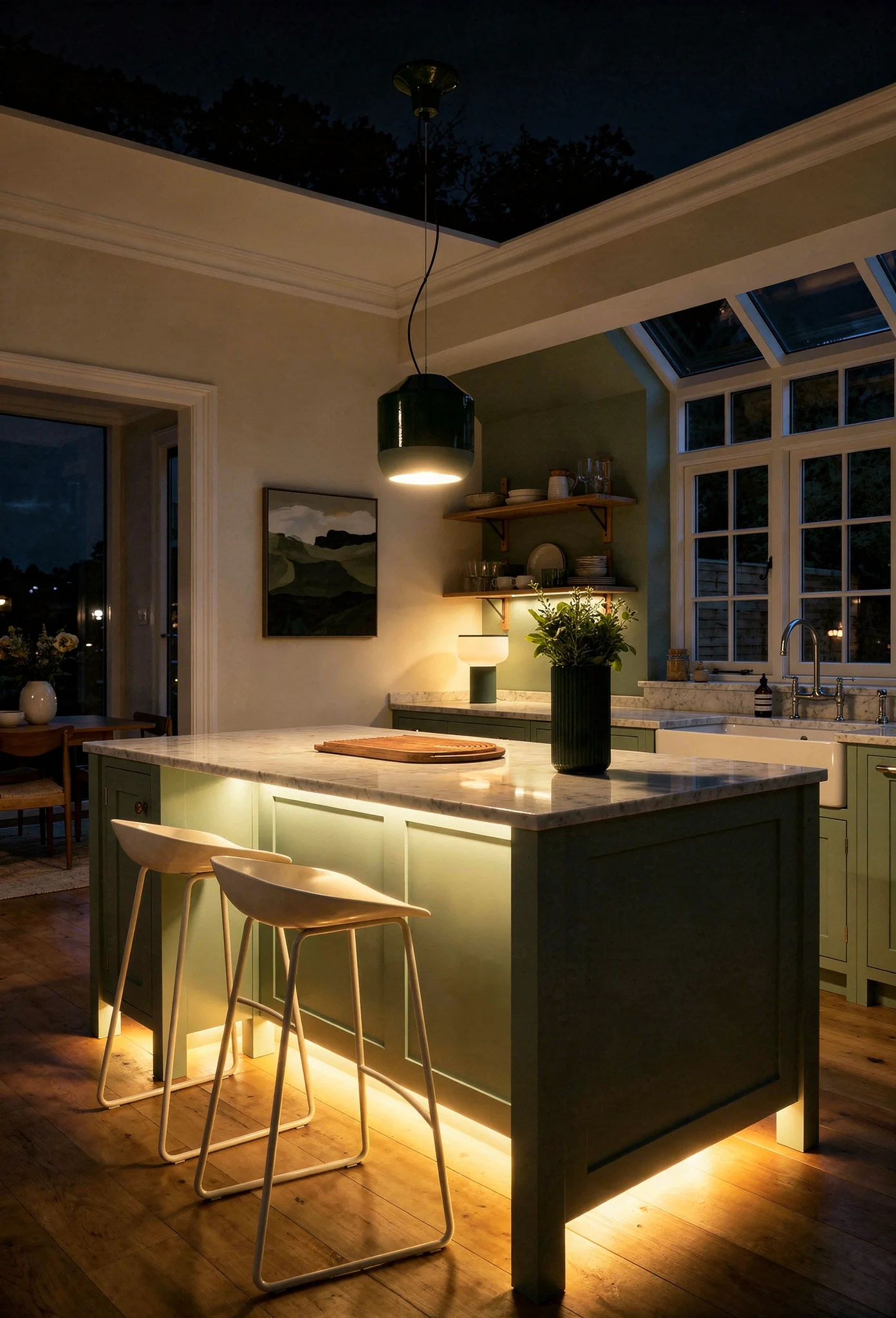 Modern kitchen colors earthy evening lighting featuring sage green island with ivory sculptural bar stools