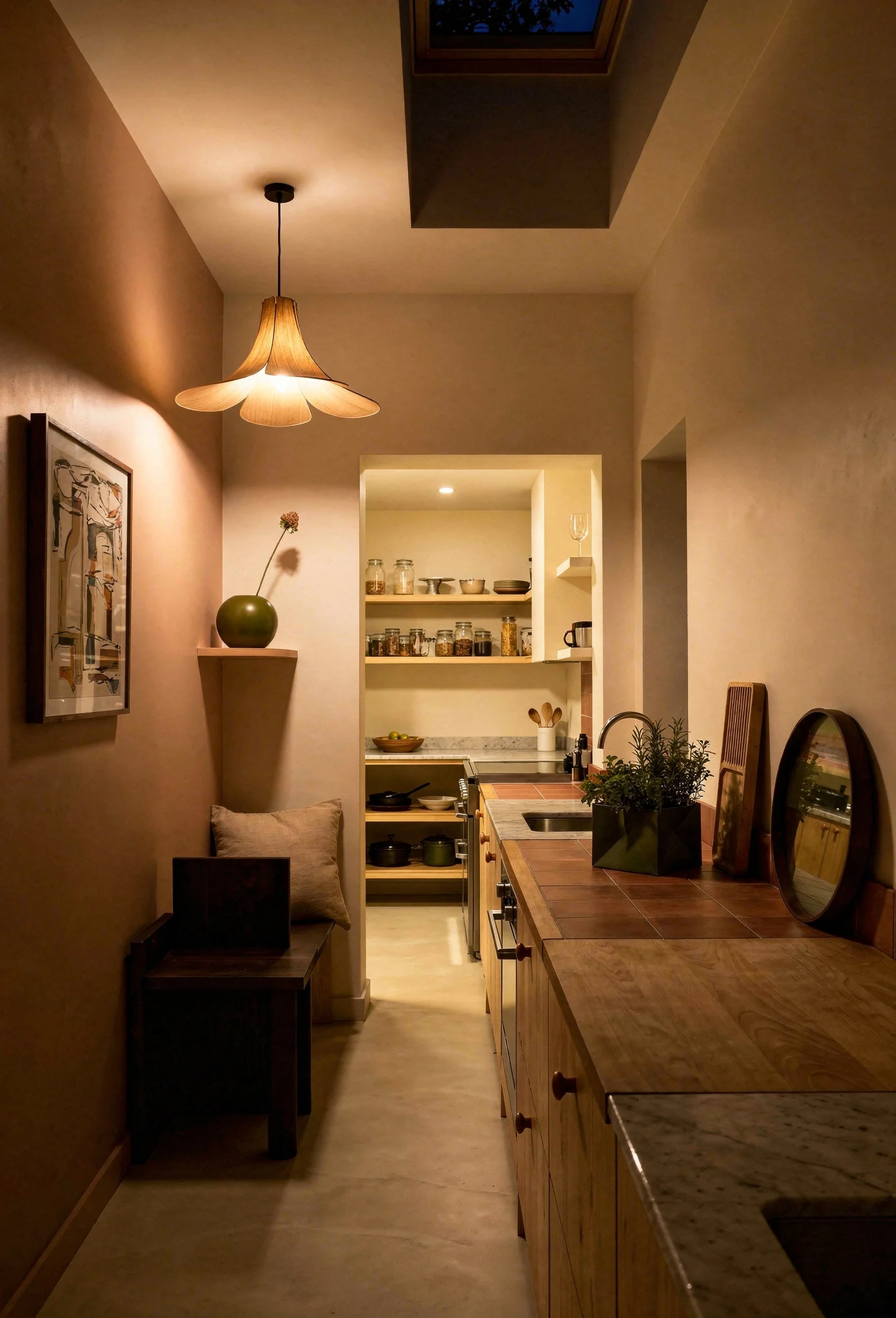Modern kitchen evening lighting featuring oak woven pendant with terracotta accent wall