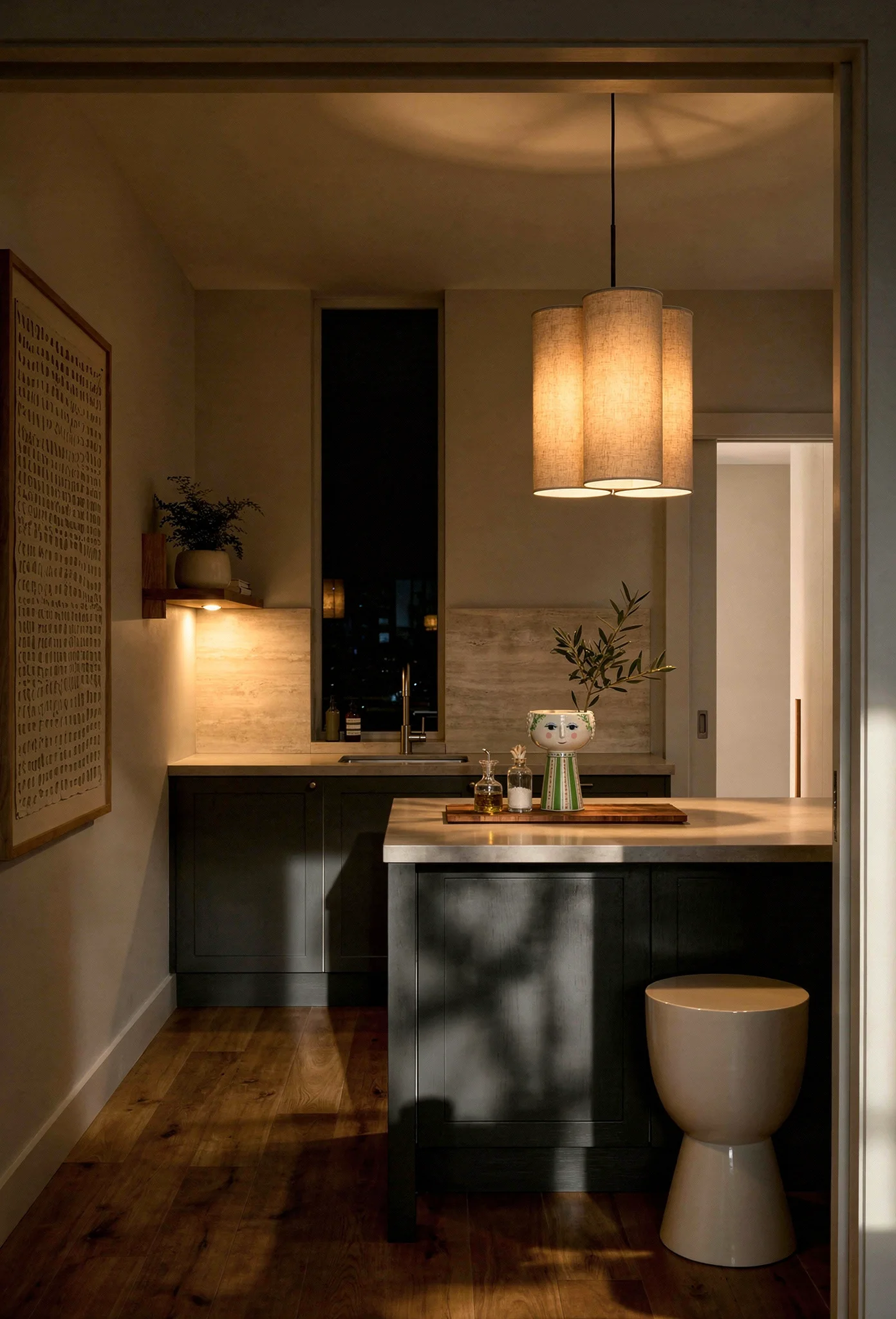 Modern kitchen earthy colors evening lighting featuring ash cluster pendant over charcoal tuxedo cabinets