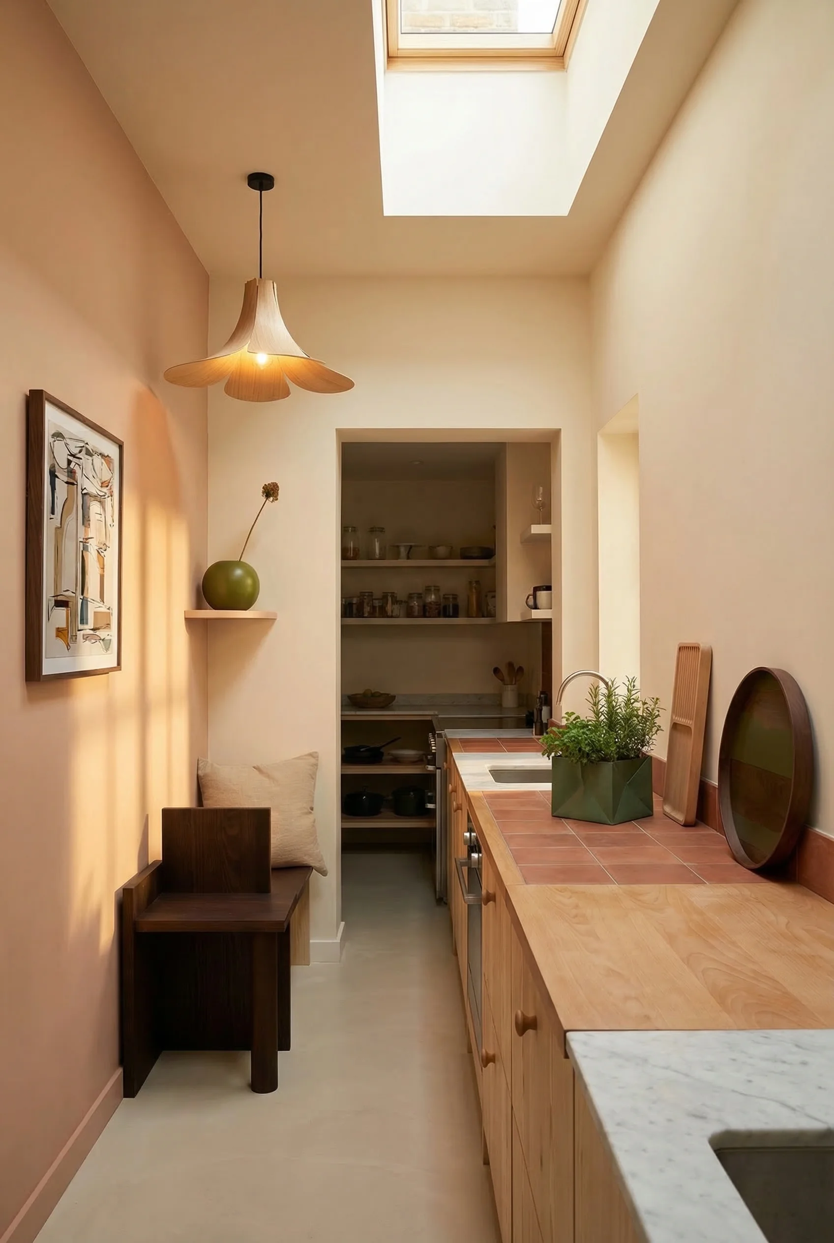 Modern kitchen featuring oak woven pendant with terracotta accent wall and green stoneware vase