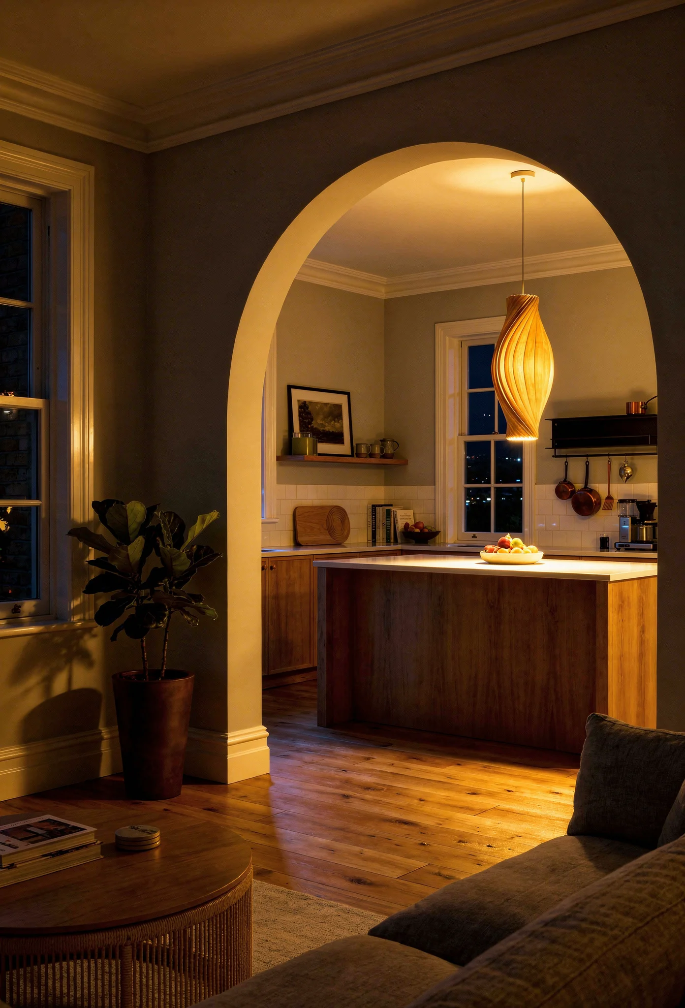 Modern kitchen evening lighting featuring birch pendant light through plastered arch with oak coffee table
