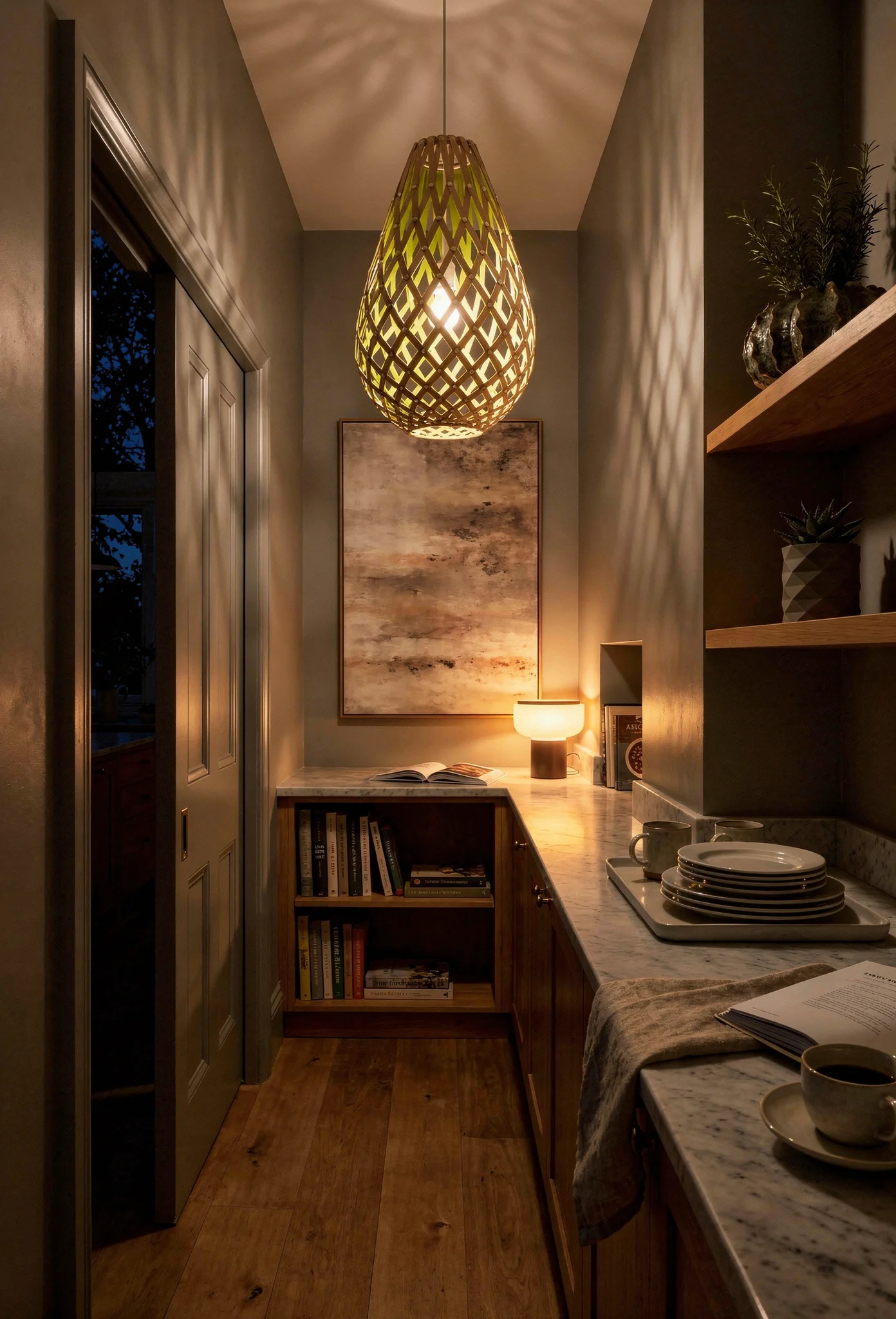 Modern kitchen butler pantry evening lighting featuring bamboo pendant with green glow over oak bookcase