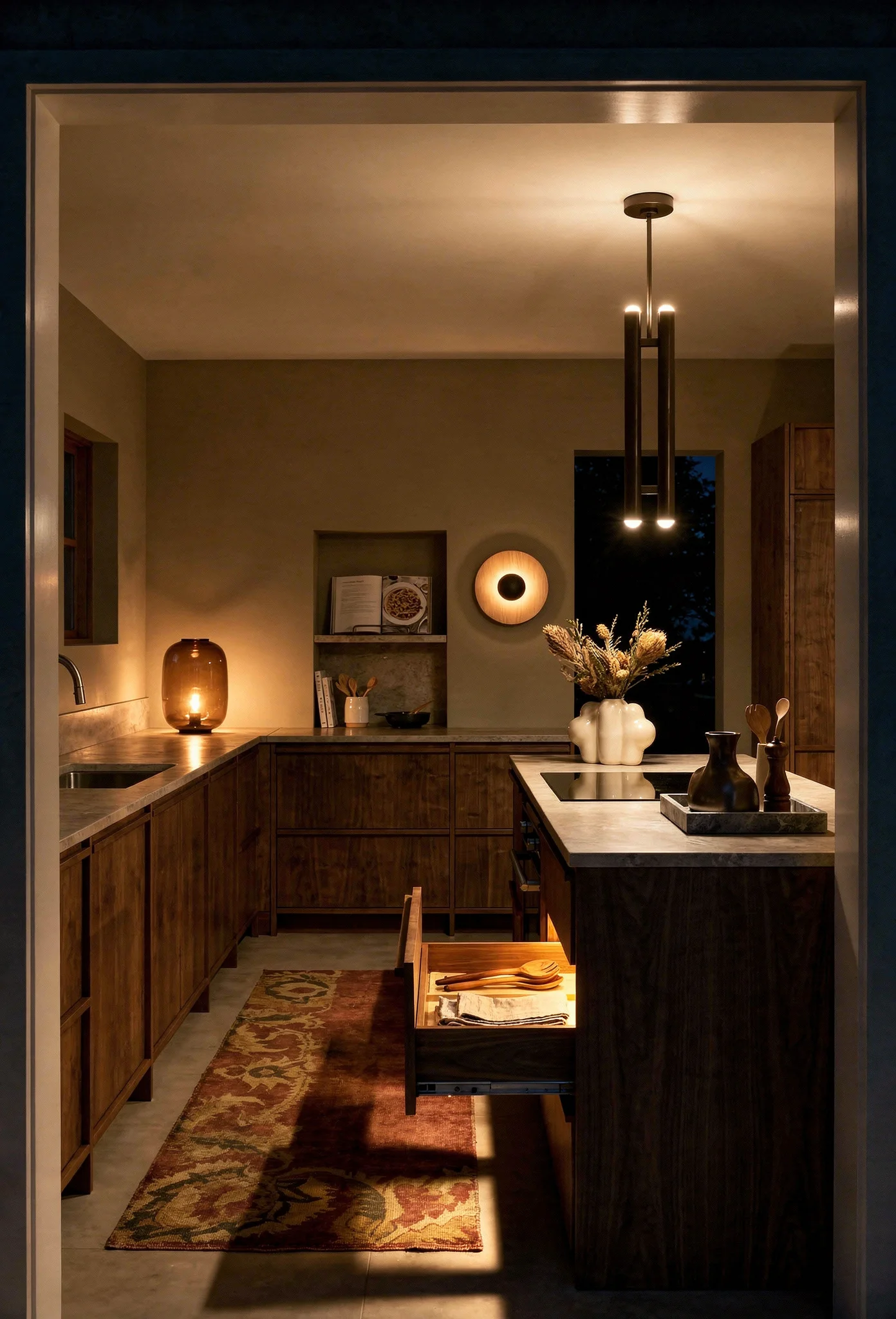 Modern kitchen evening lighting featuring bronze double pendant with walnut cabinets and honed stone counters