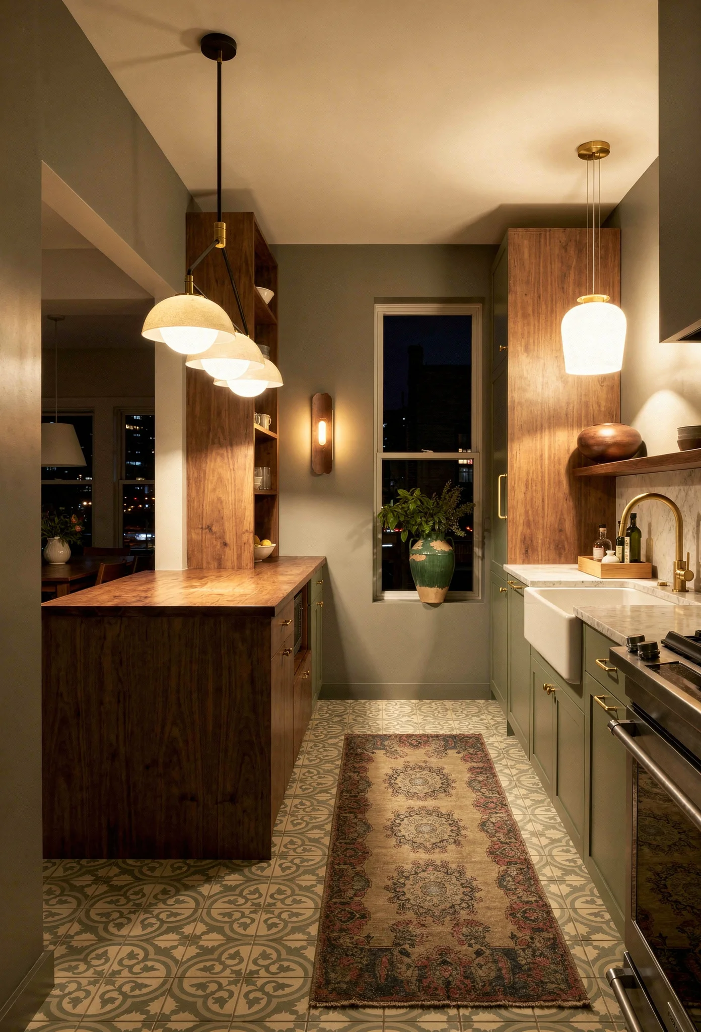 Modern kitchen evening lighting featuring ivory crackled ceramic linear pendant with sage green cabinets