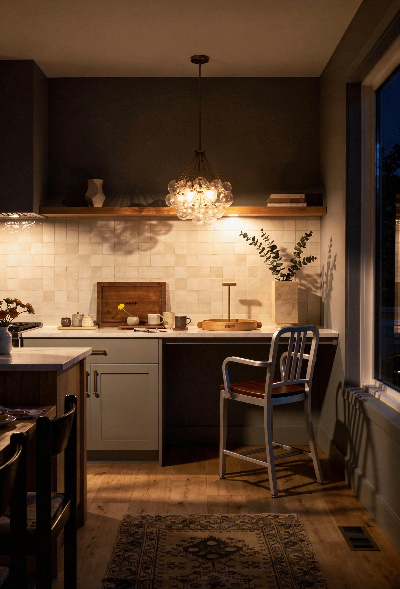 Modern kitchen evening lighting featuring silver aluminum counter stool with gold blown glass pendant