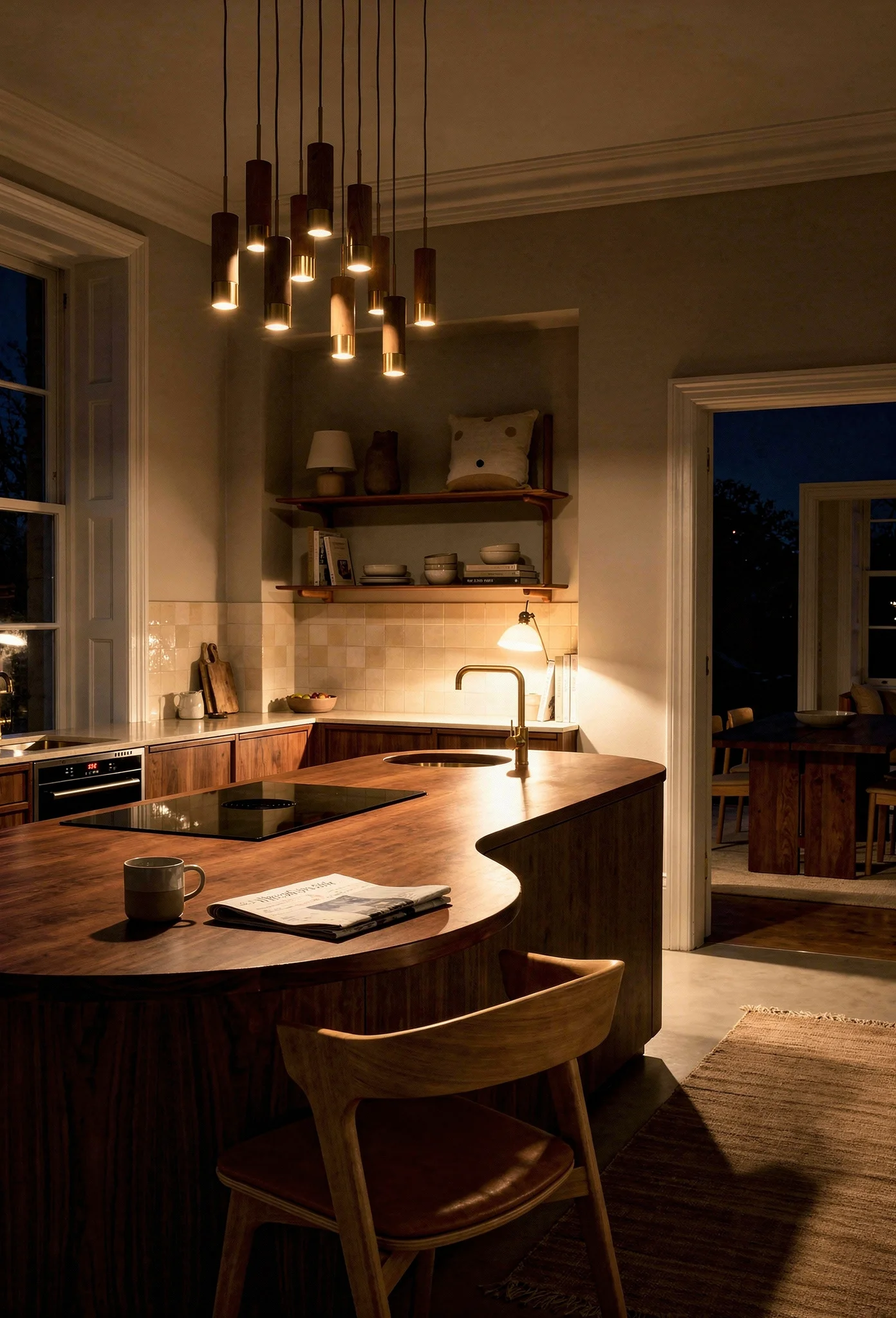 Modern kitchen evening lighting featuring curved walnut island with oak and brass pendant cluster