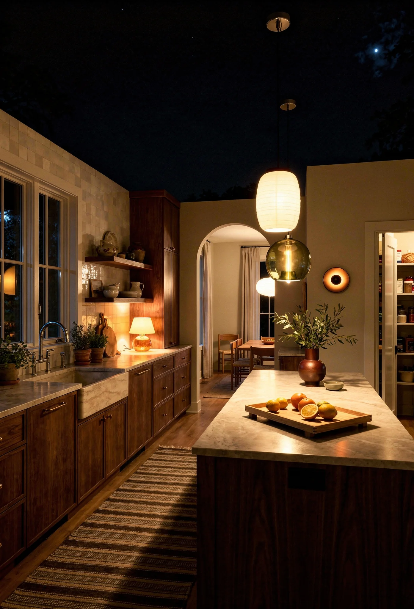 Modern kitchen evening lighting featuring green handblown glass pendant with amber table lamp and walnut island