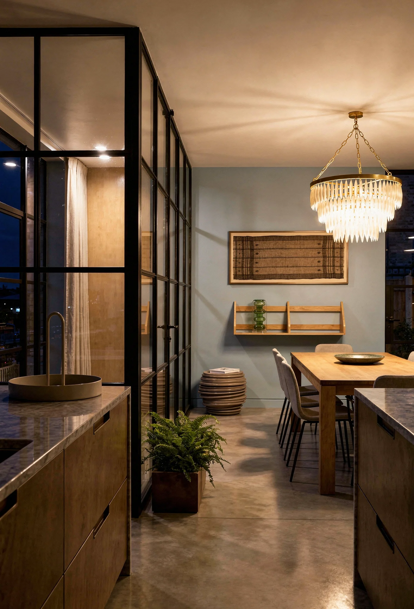 Modern kitchen evening lighting featuring Crittall glass panel wall with gold cream chandelier