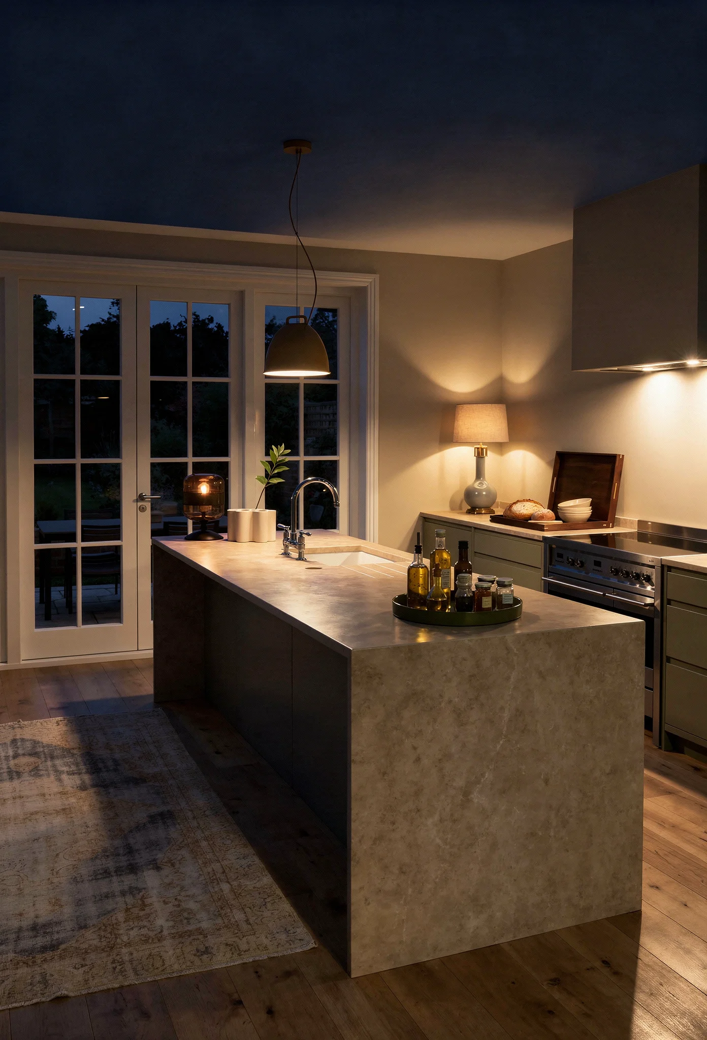 Modern kitchen evening lighting featuring smoky glass table lamp on waterfall island with warm glow