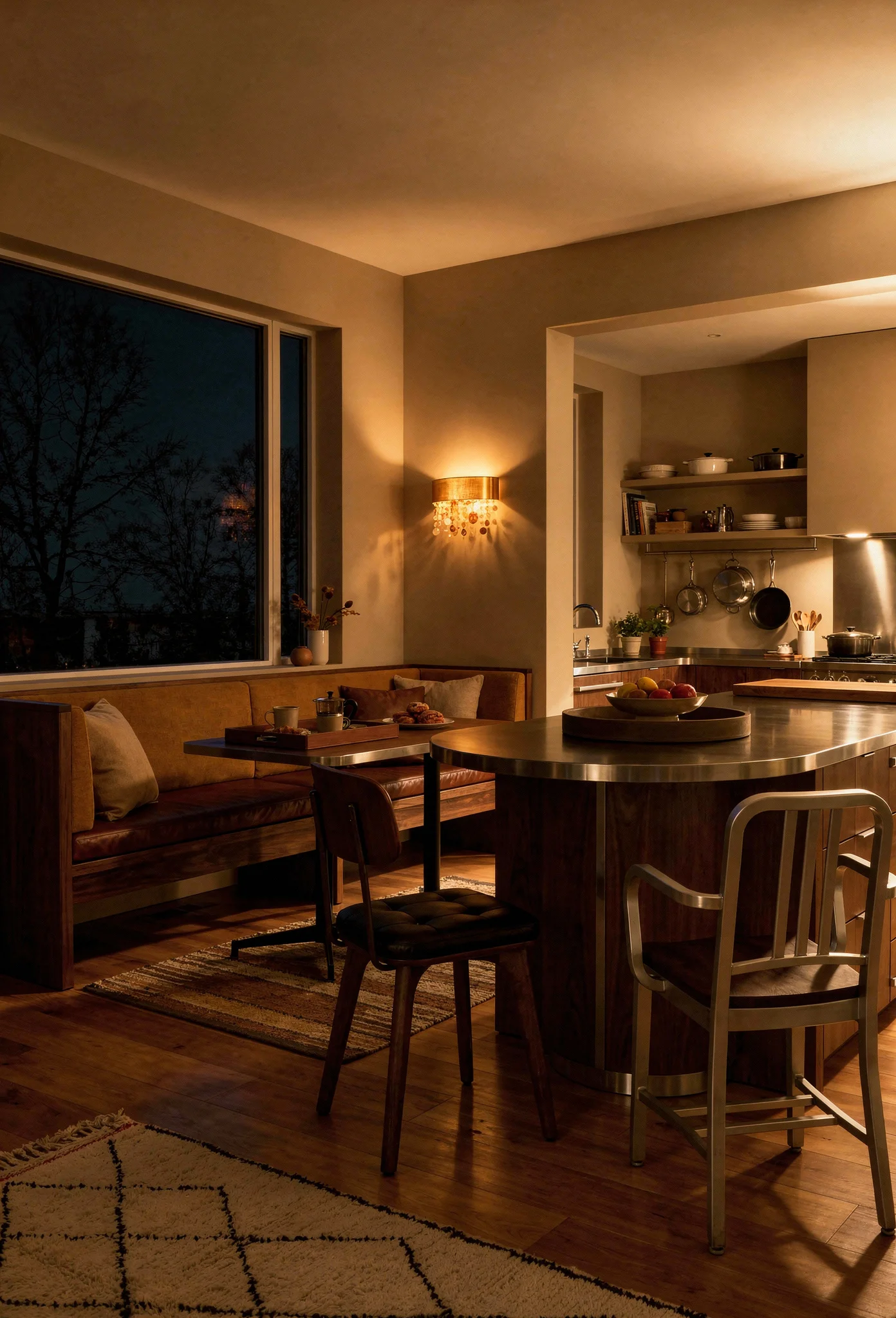Modern kitchen evening lighting featuring walnut banquette breakfast counter with amber glass sconce