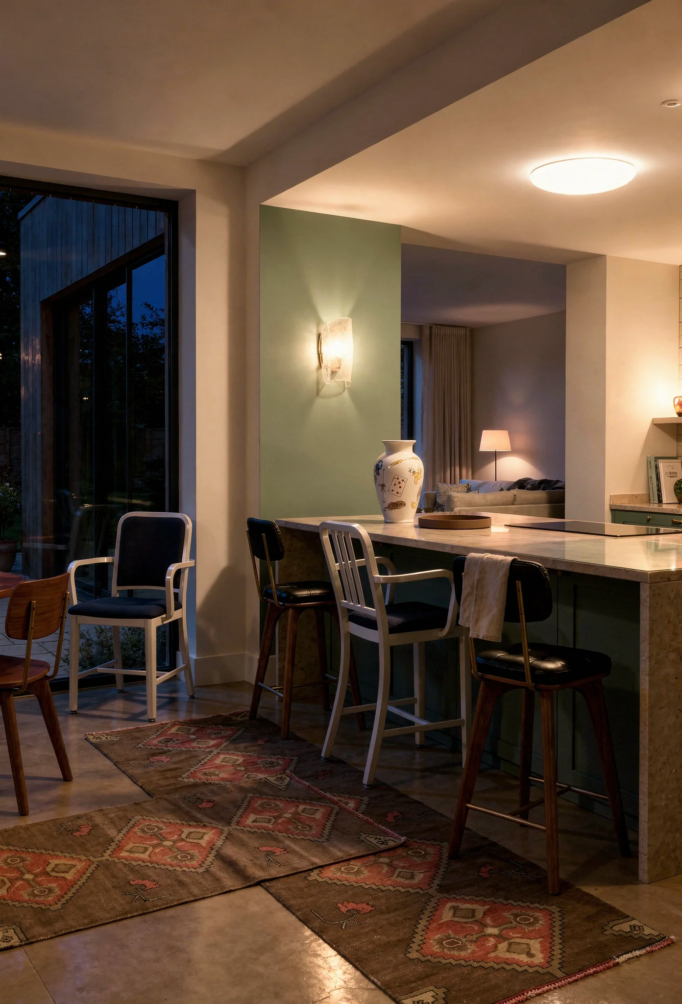 Modern kitchen evening lighting featuring walnut utility dining chair with sage green feature wall