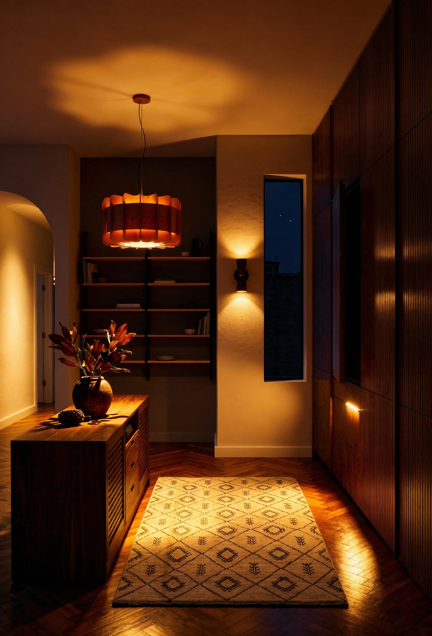 Modern kitchen evening lighting featuring walnut credenza with reeded panel cabinetry