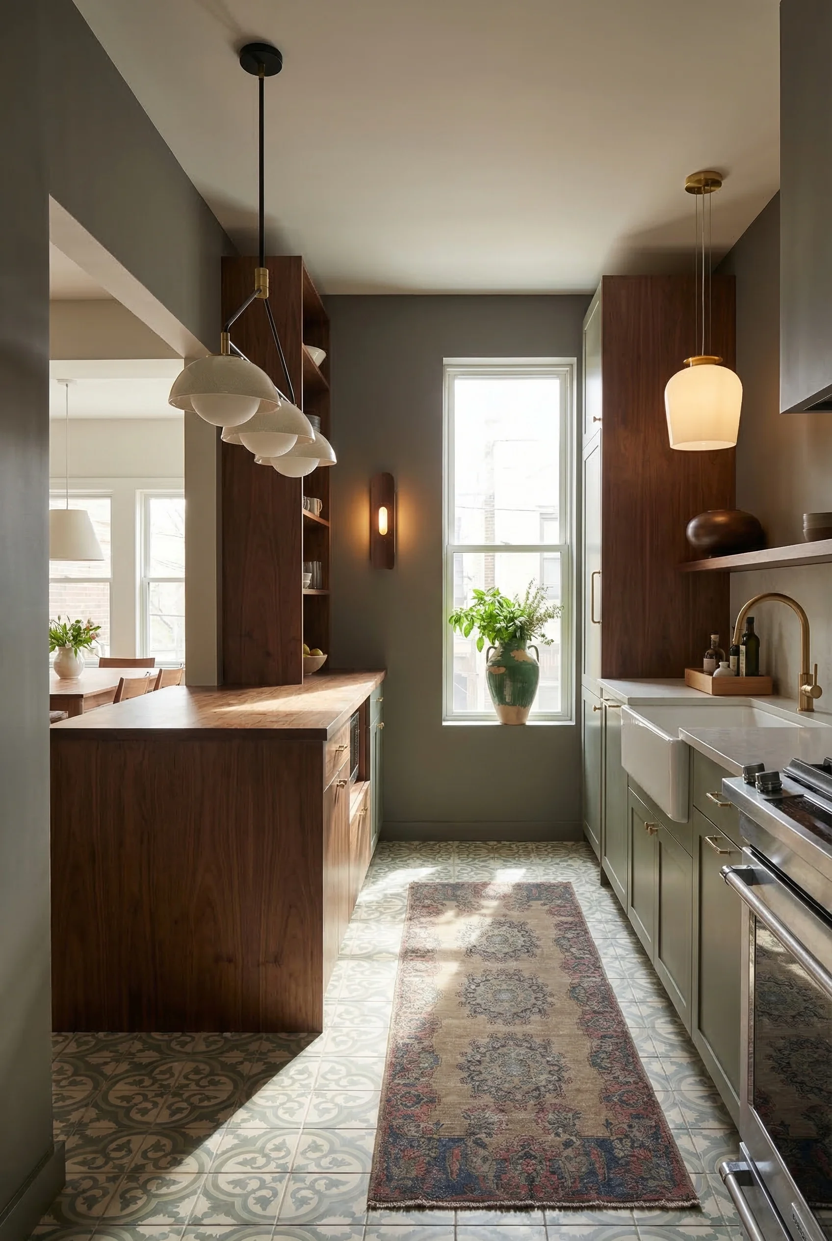Modern kitchen featuring ivory crackled ceramic linear pendant with sage green cabinets and walnut shelving