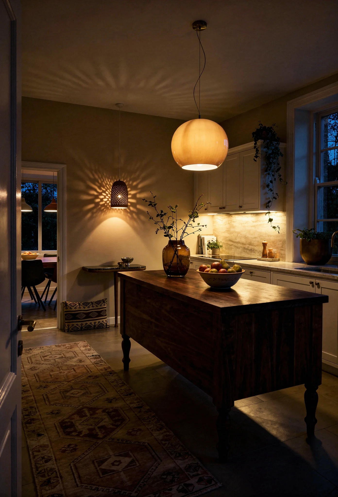 Modern kitchen island design evening lighting featuring walnut freestanding island with amber glass pendant