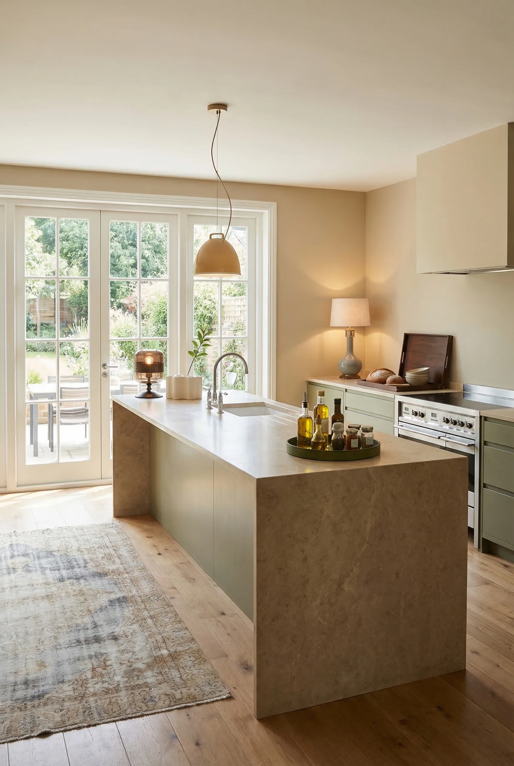 Modern kitchen featuring smoky Venetian glass table lamp on waterfall island with sage green cabinets