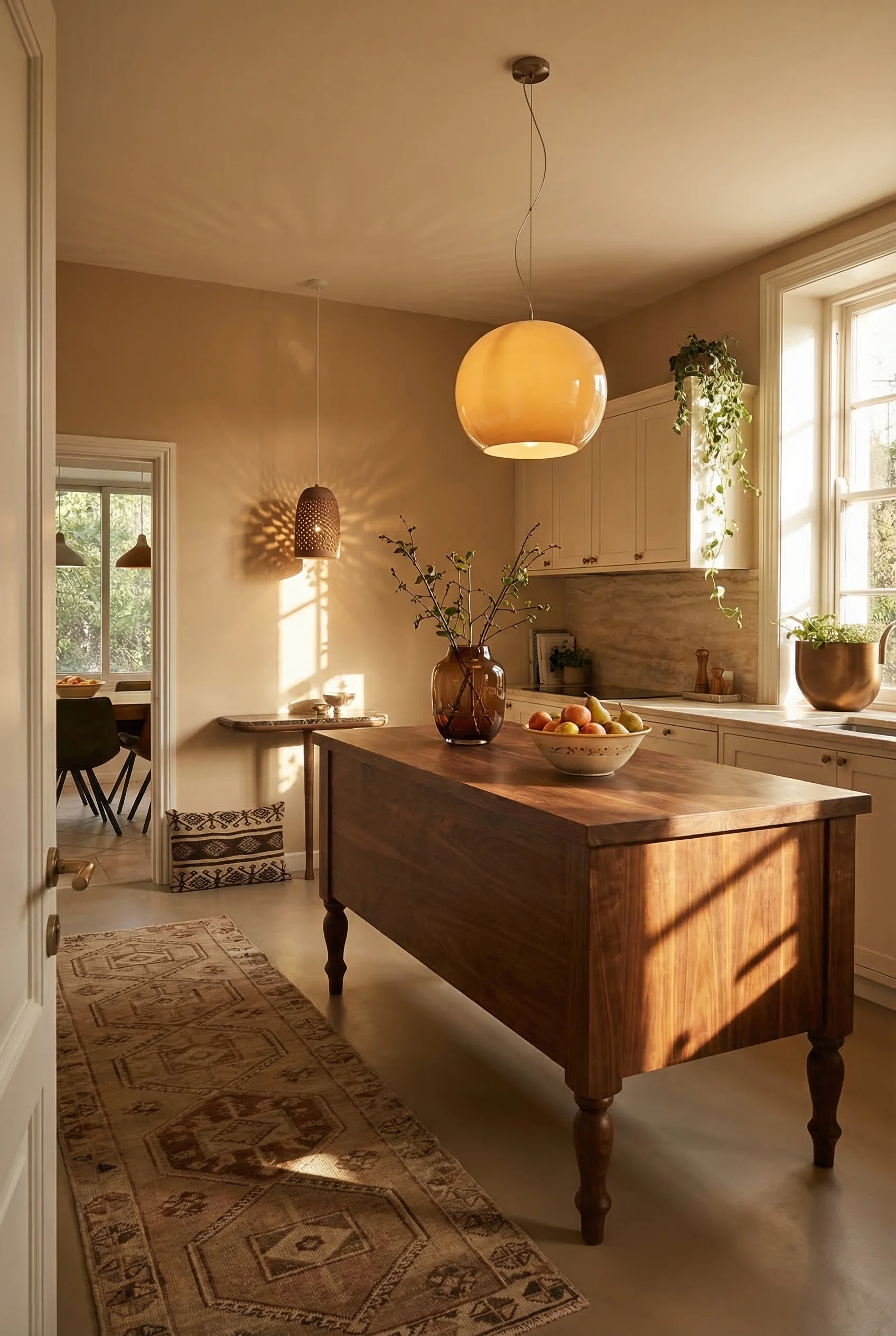 Modern kitchen island design featuring walnut freestanding island with amber glass pendant and ceramic accent light