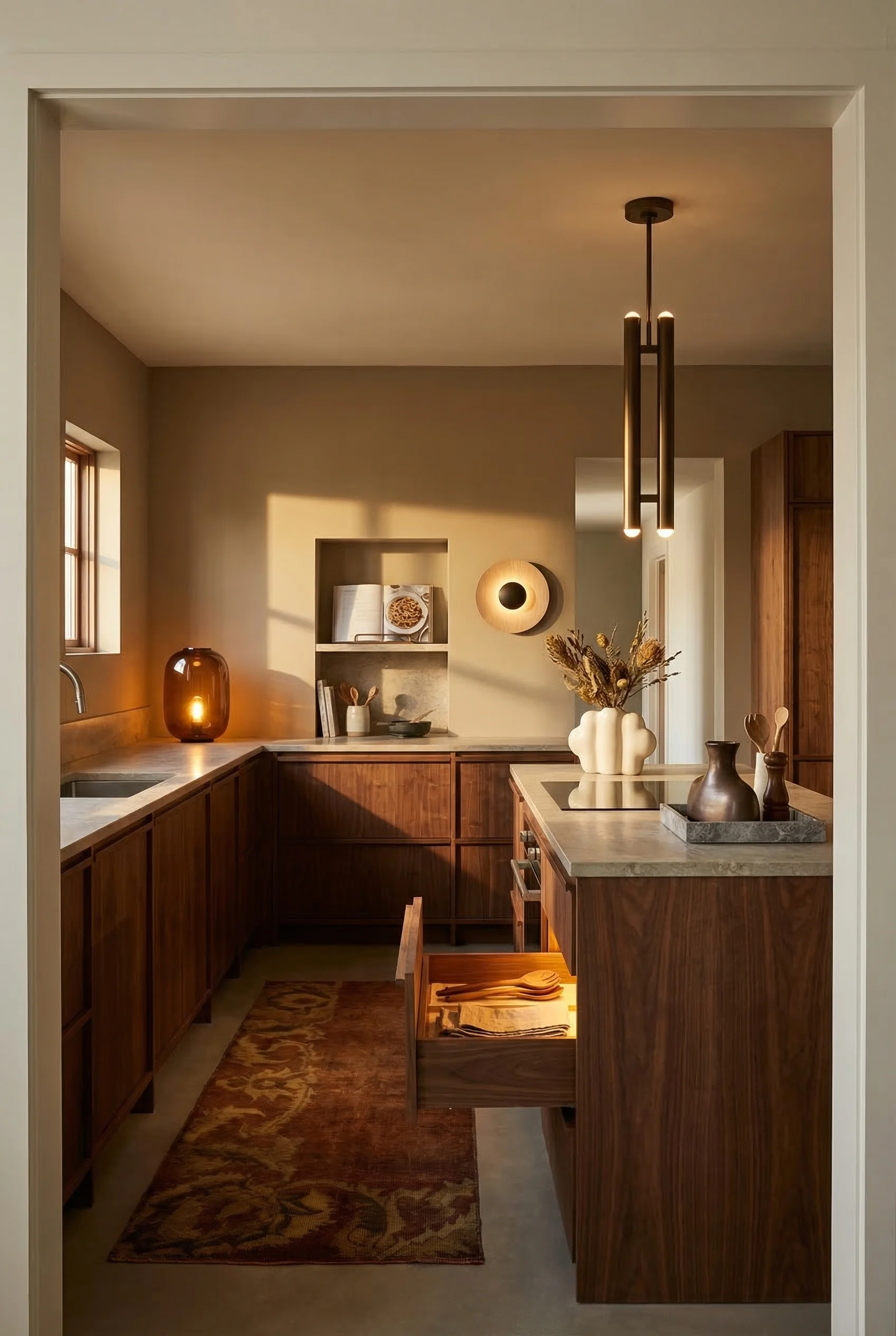 Modern kitchen natural light featuring bronze double pendant with walnut cabinets and honed stone counters