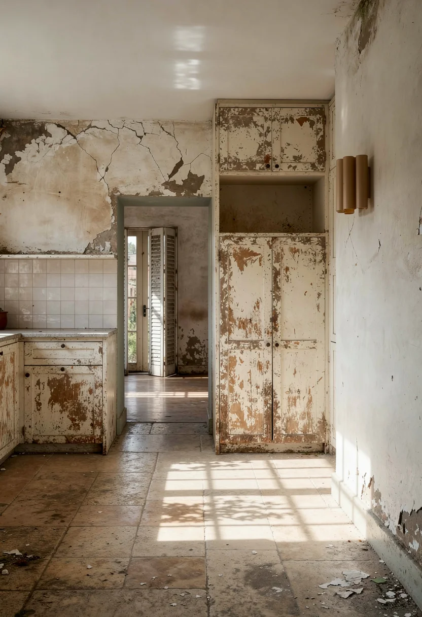Modern kitchen walnut cabinets before renovation empty room