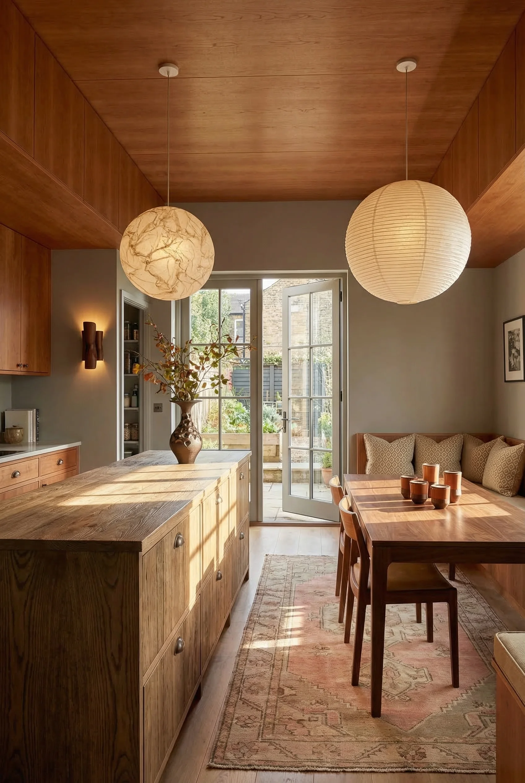 Modern kitchen walnut cabinets featuring cherry upper cabinetry with wire-brushed ash island and paper moon pendant