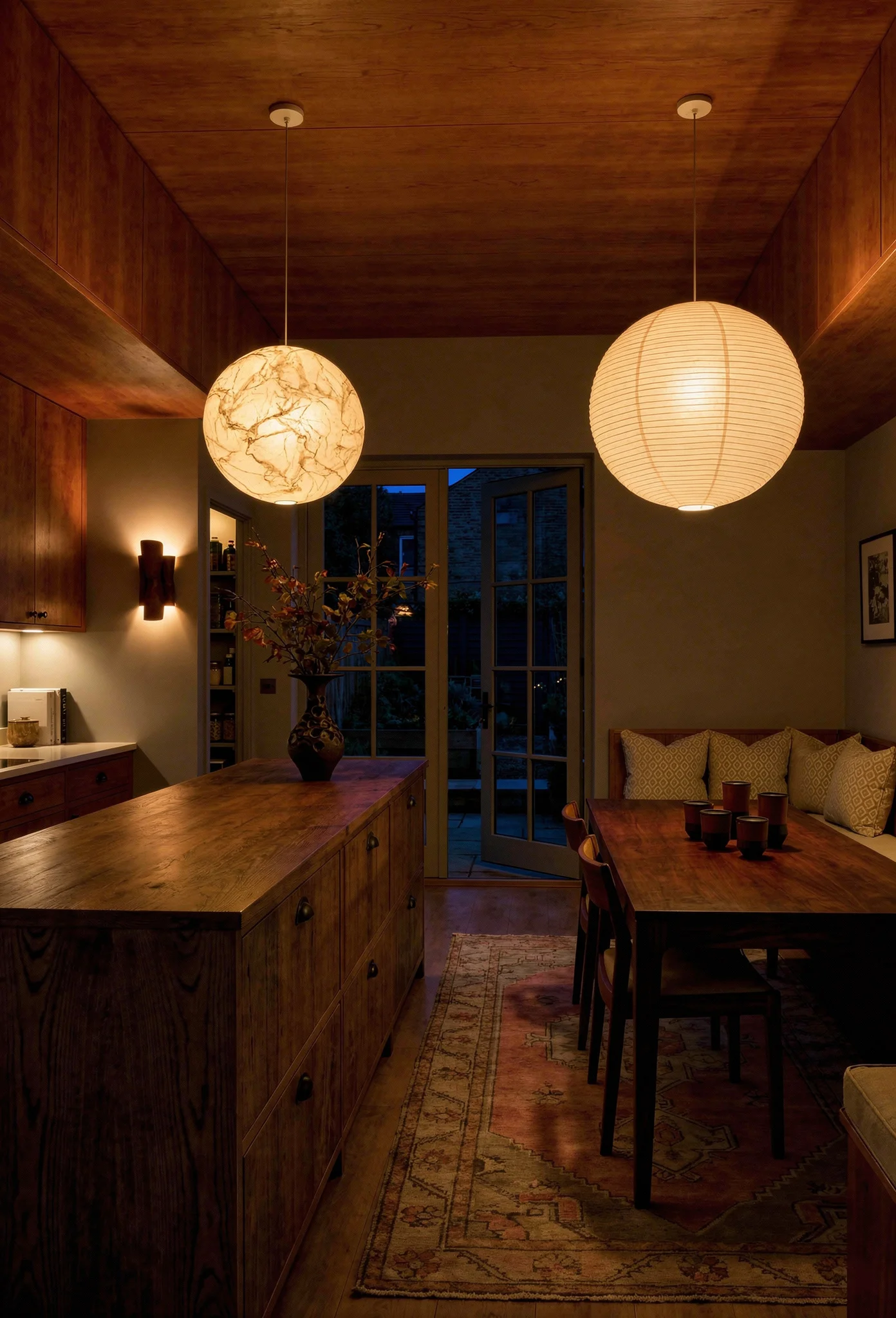 Modern kitchen walnut cabinets evening lighting featuring cherry upper cabinetry with wire-brushed ash island