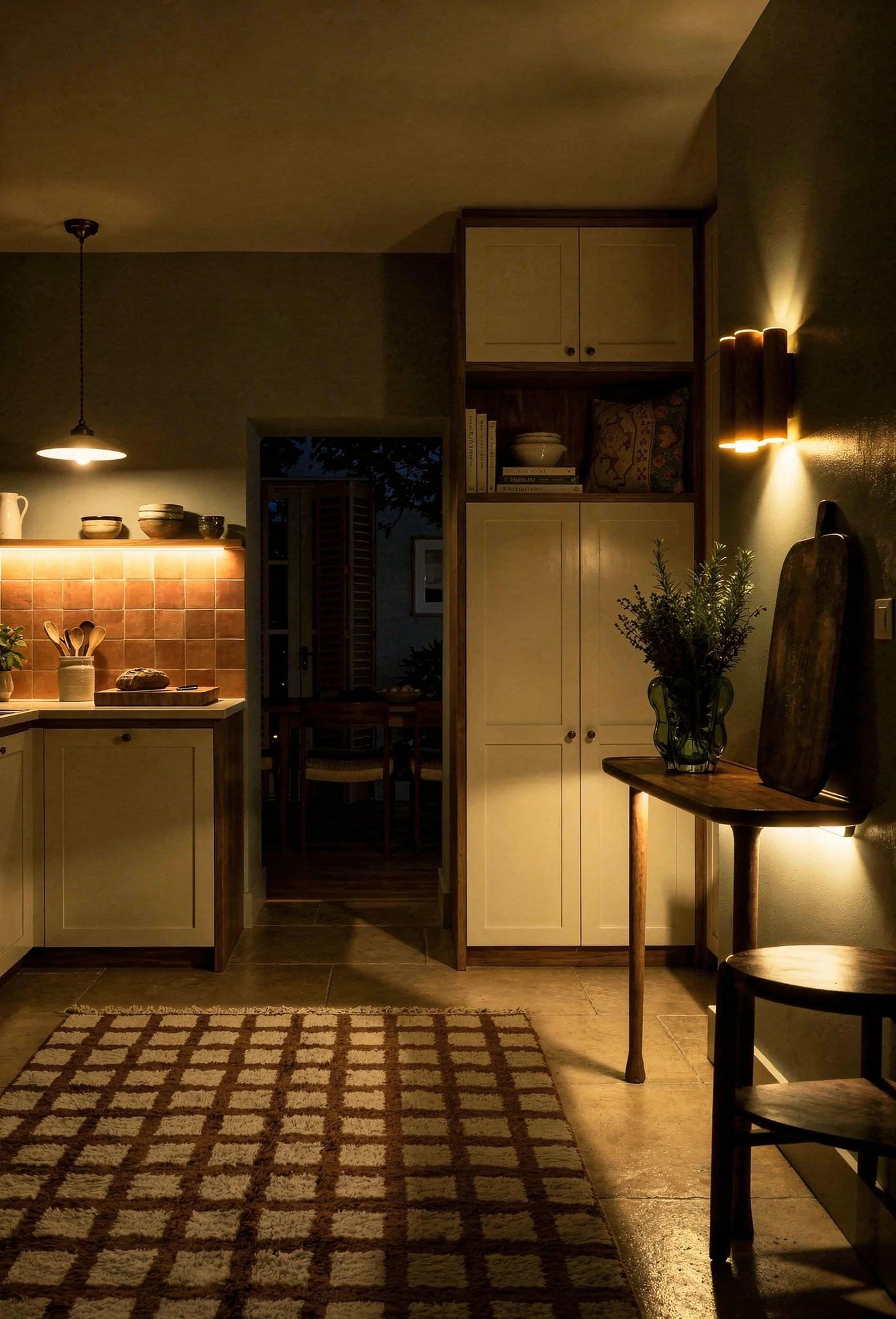 Modern kitchen walnut cabinets evening lighting featuring ivory ceramic pendant with warm walnut console
