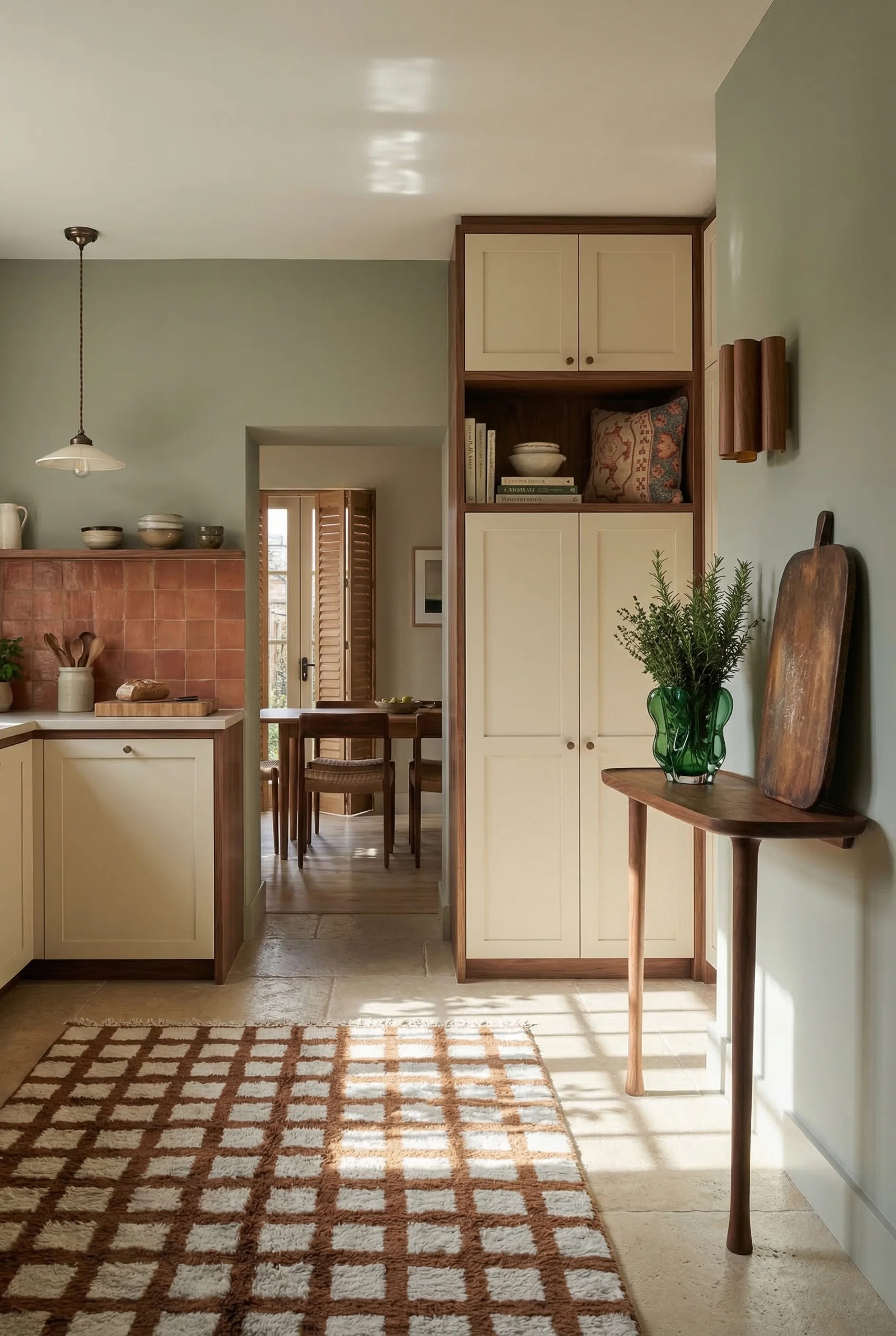 Modern kitchen walnut cabinets featuring ivory ceramic pendant with greige cabinetry and terracotta backsplash