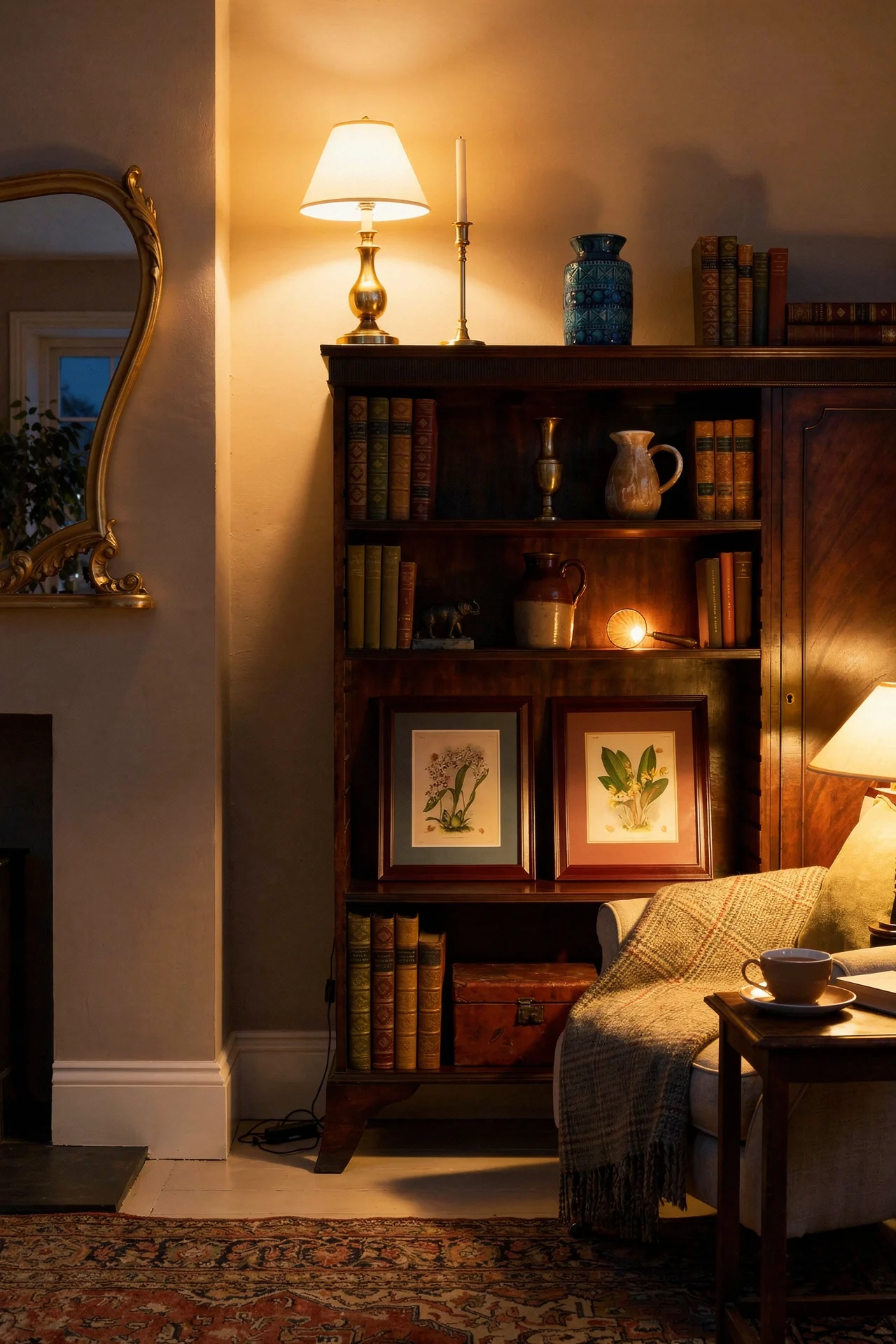 English Country Living Room humble elegance design scene evening mood