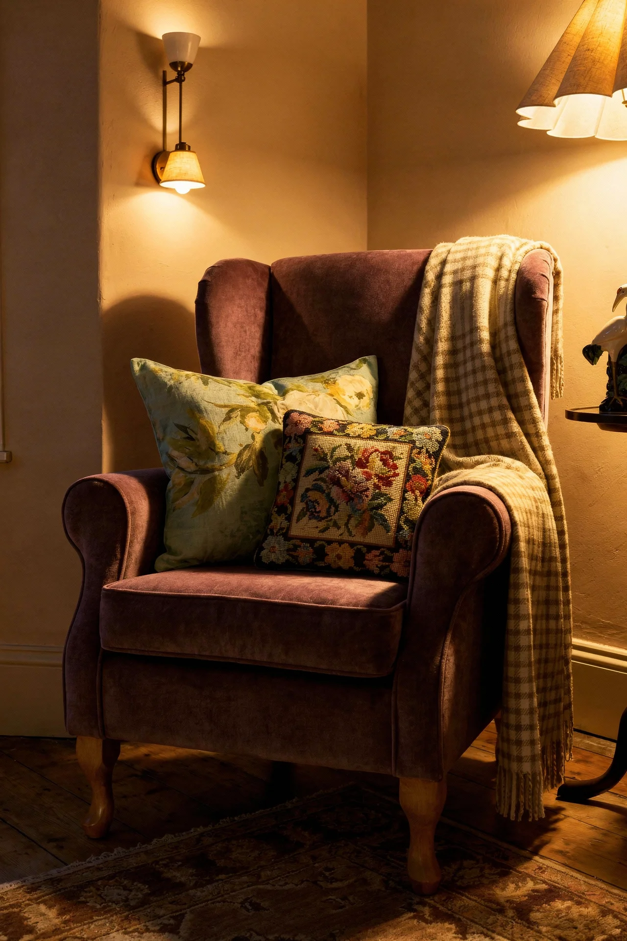 English Country Living Room humble elegance design scene evening mood