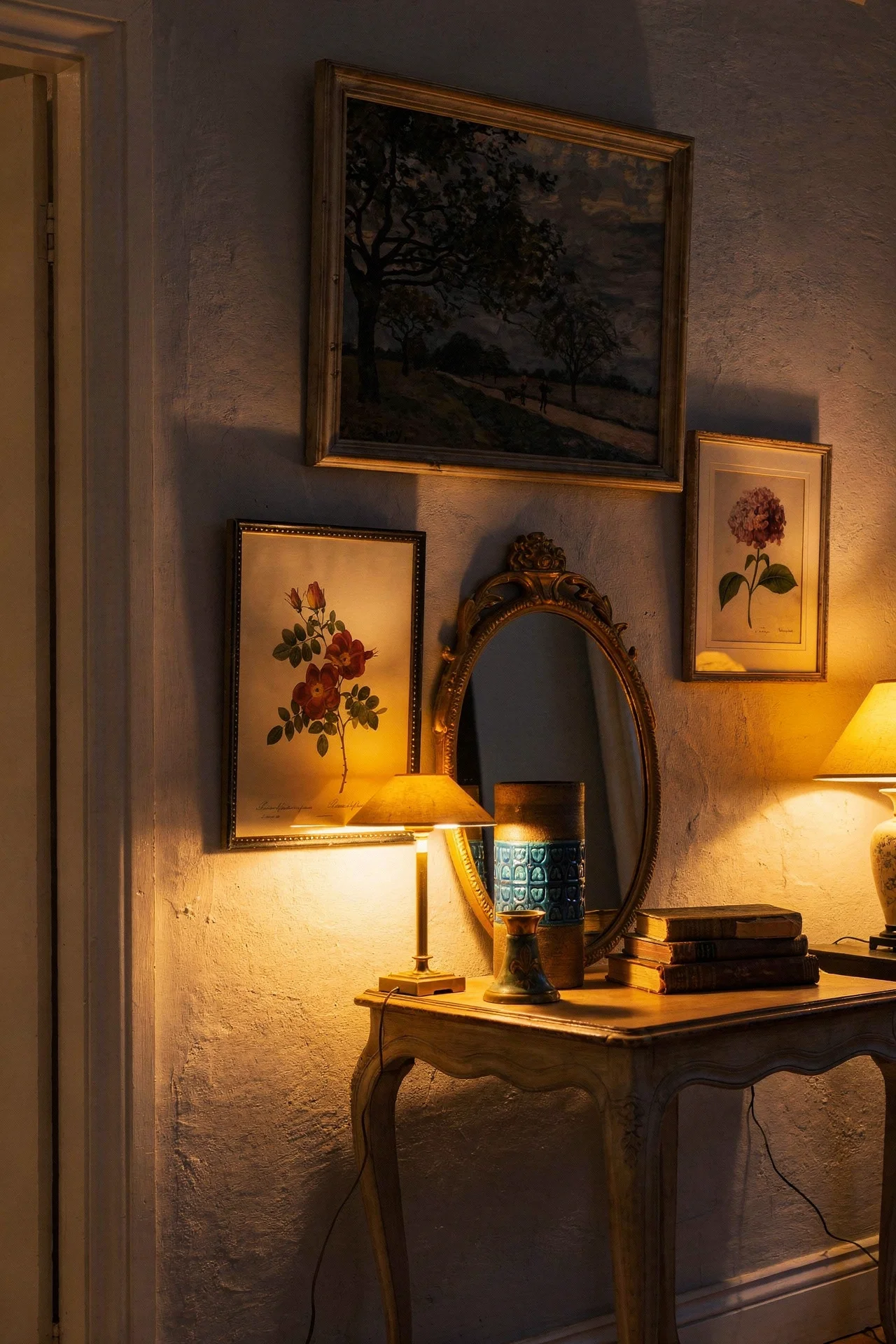 English Country Living Room humble elegance design scene evening mood