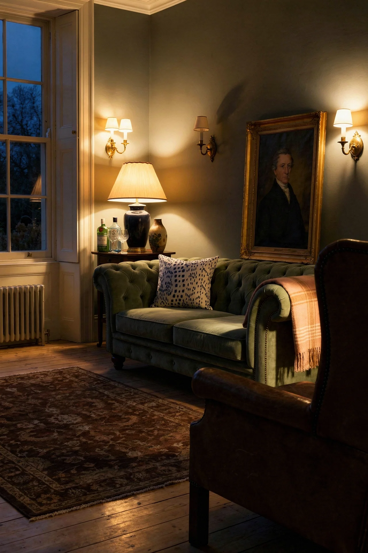 English Country Living Room humble elegance design scene evening mood