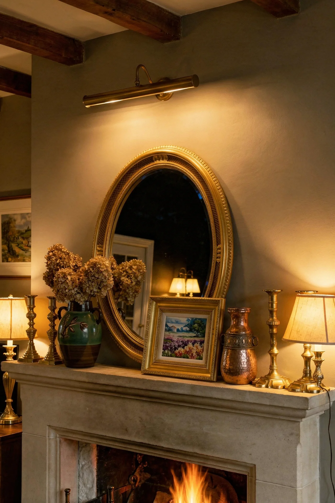 English Country Living Room fireplace anchor design scene evening mood