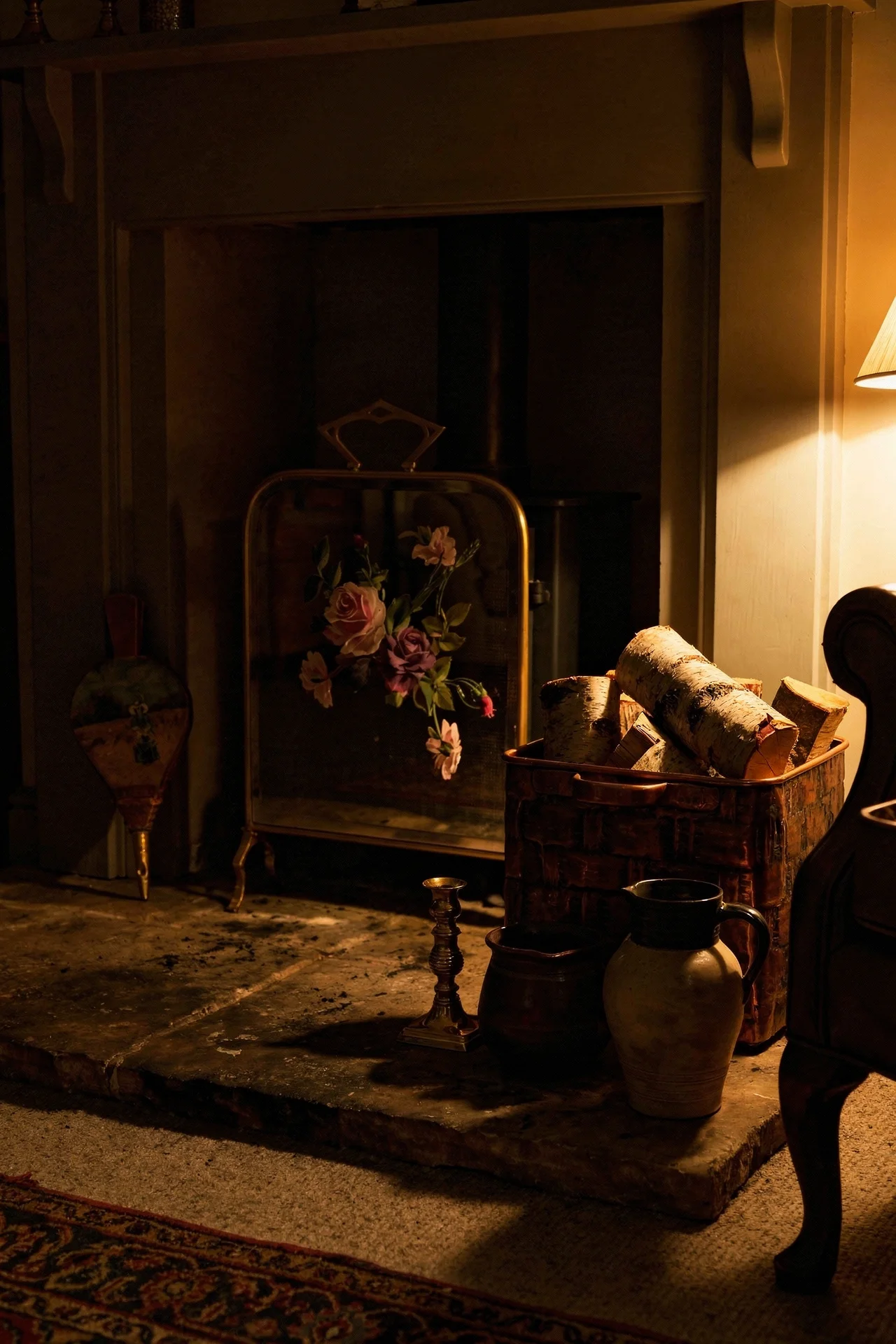 English Country Living Room fireplace anchor design scene evening mood